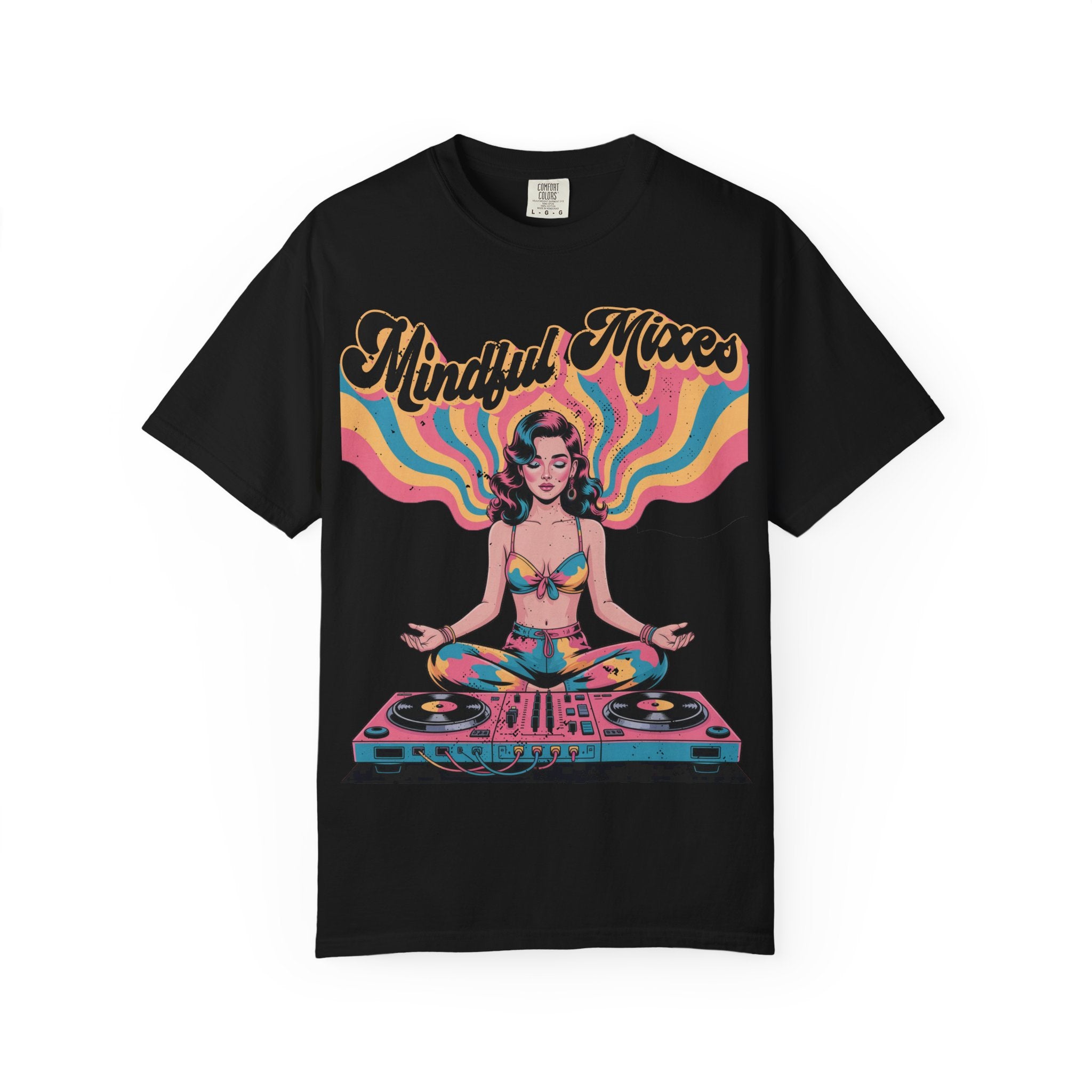 Mindful Mixes Retro DJ T-Shirt – Psychedelic Pinup Meditating Graphic Tee