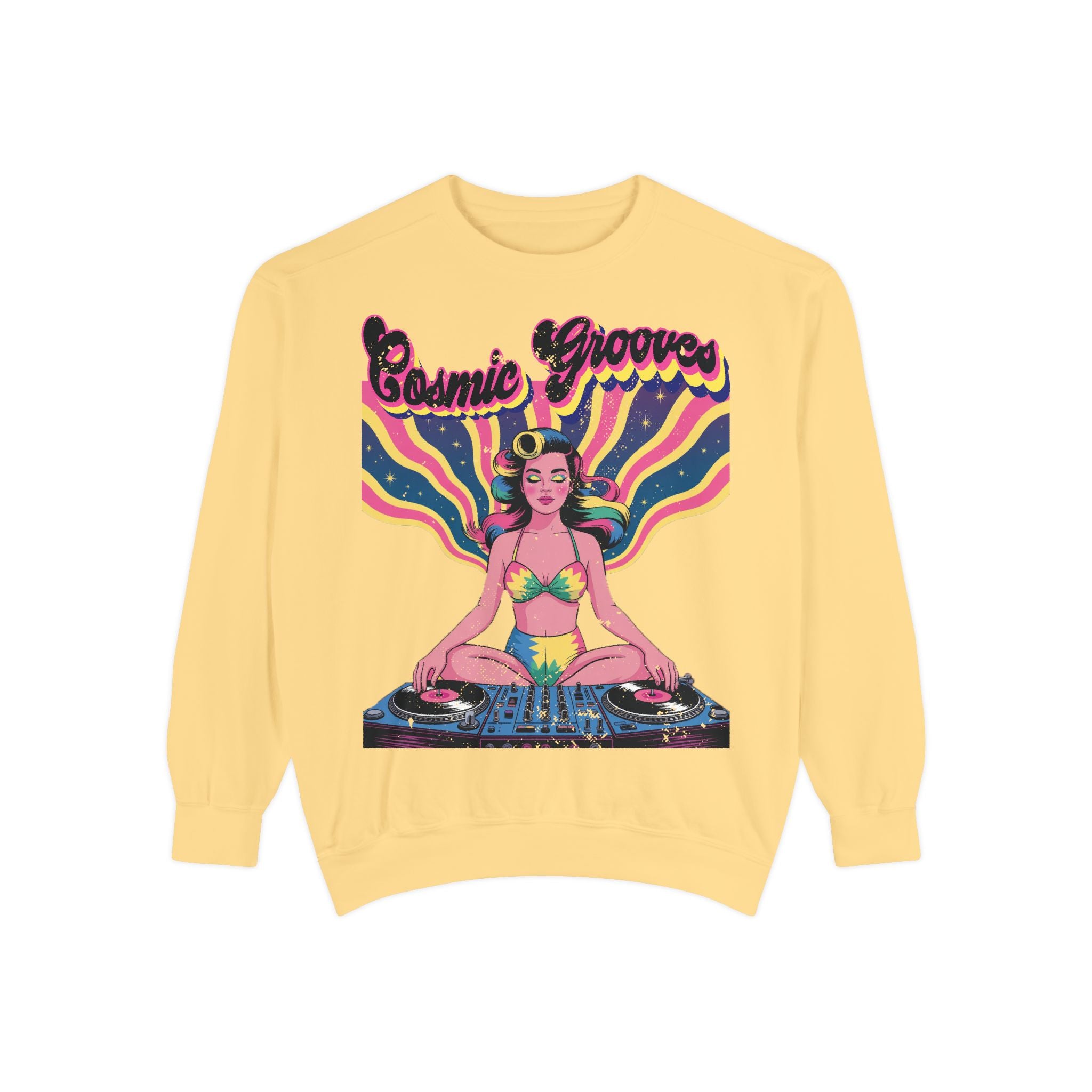 Cosmic Grooves Retro Pinup DJ Sweatshirt – Psychedelic Meditating Rave Apparel