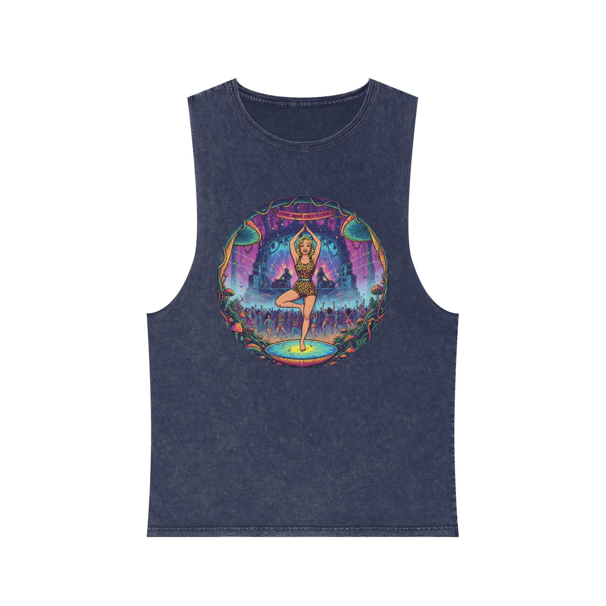 Cosmic Groove Forest Festival Pinup Tank Top - Vintage Psychedelic Mushroom Stonewashed Rave Gear