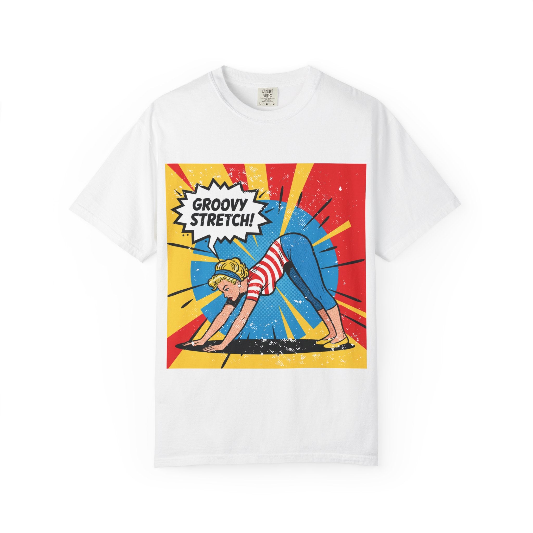 Retro Pop Art Yoga T-Shirt – Vintage Pinup Girl "Groovy Stretch" Graphic Tee