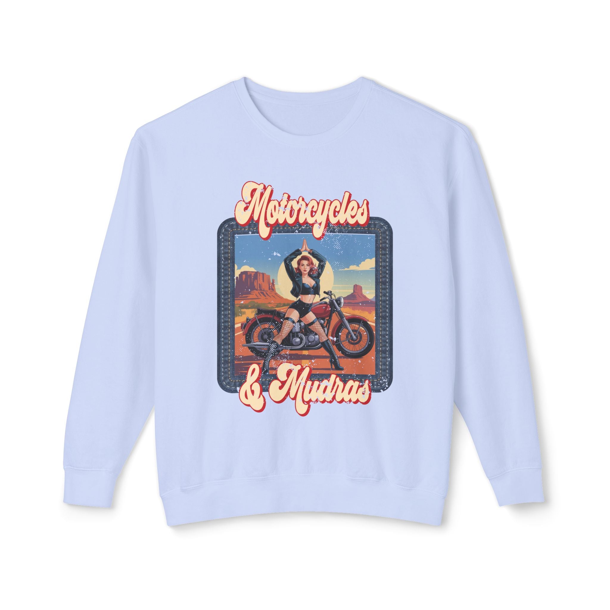 Motorcycles & Mudras Retro Sweatshirt – Vintage Biker Girl Yoga Graphic Pullover