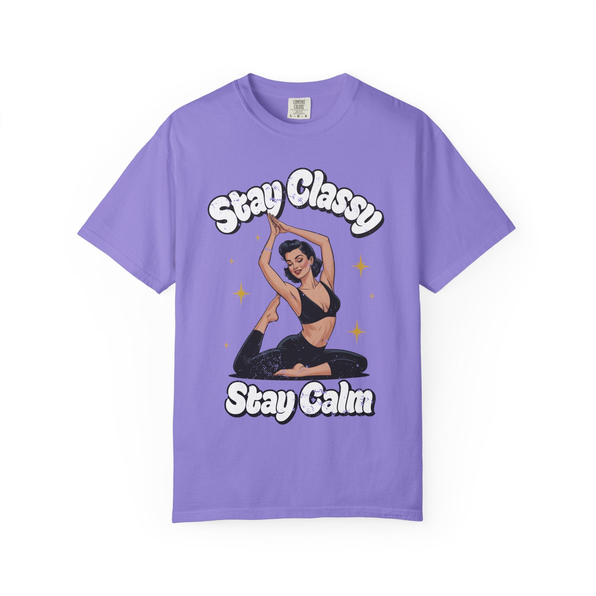Retro Pinup Girl Yoga T-Shirt - "Stay Classy, Stay Calm" Vintage Graphic Tee