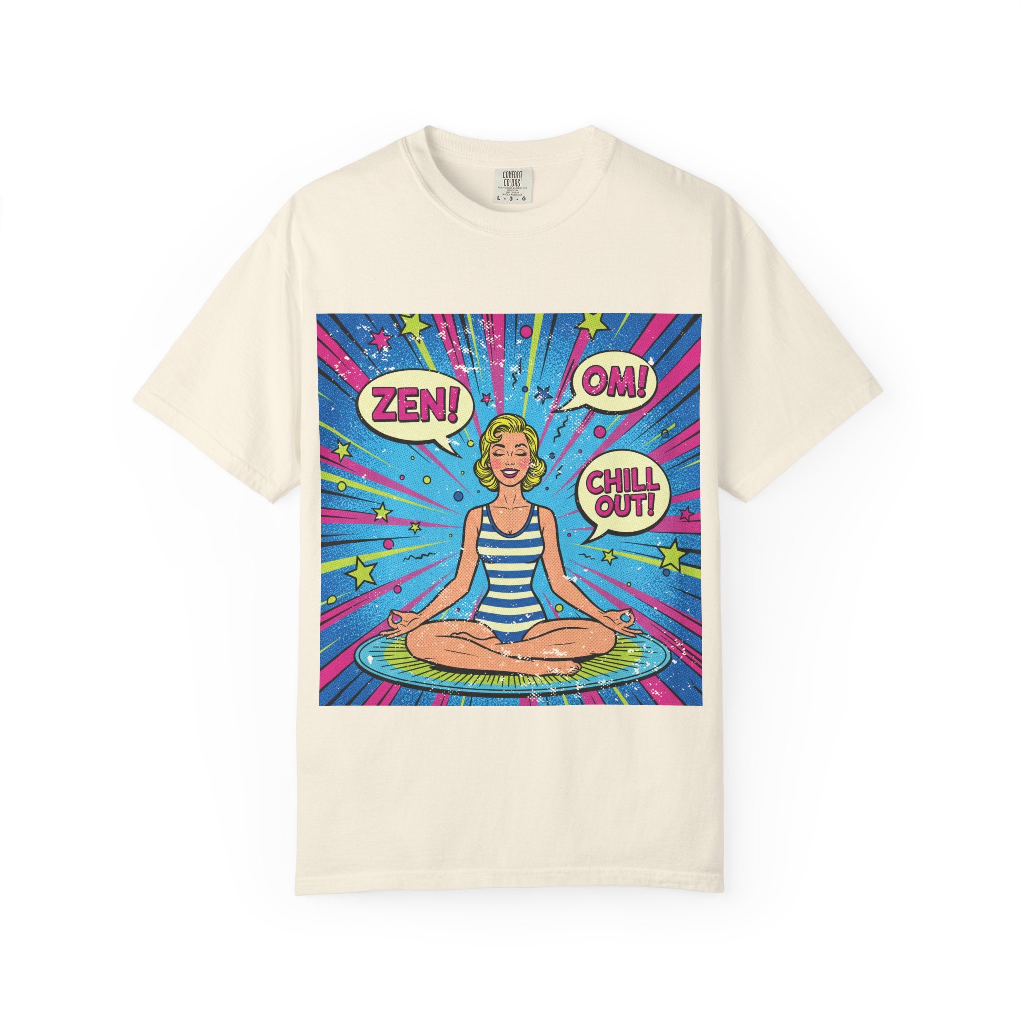 Vintage Zen Pop Art Yoga T-Shirt – Retro Comic Style "Chill Out" Pinup Graphic Tee