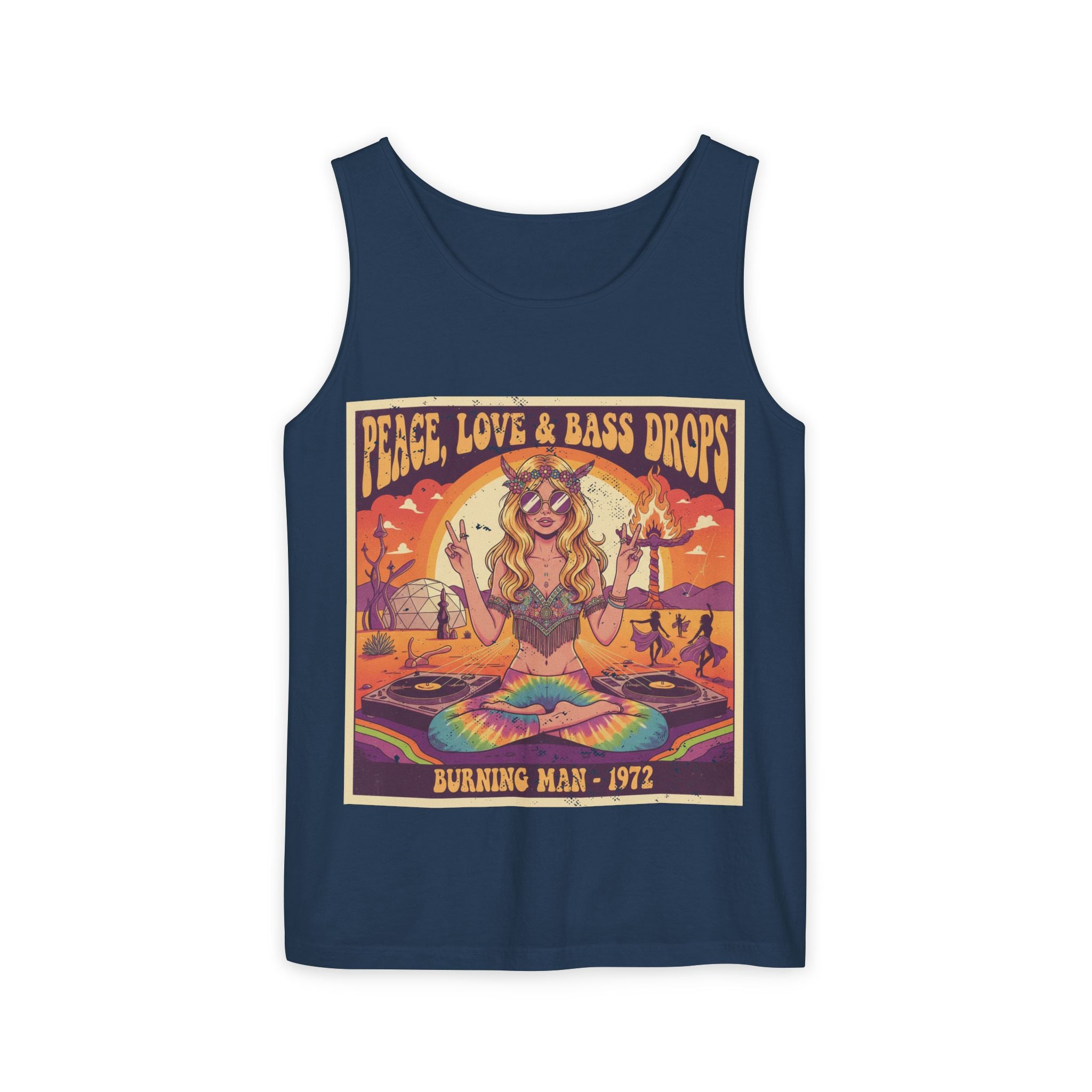 Peace, Love & Bass Drops Tank Top – Retro 1970s Festival "Burning Man" Graphic Racerback