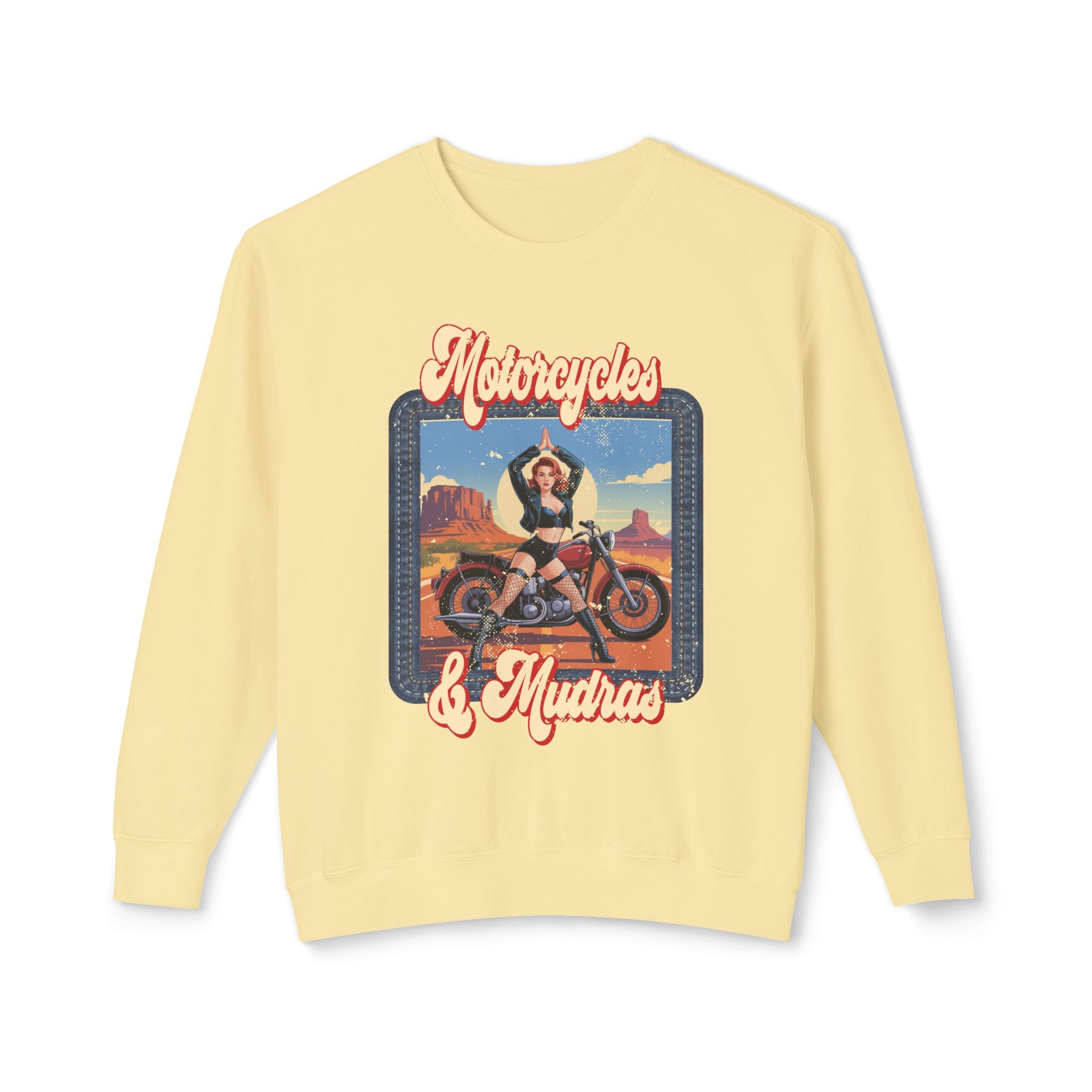 Motorcycles & Mudras Retro Sweatshirt – Vintage Biker Girl Yoga Graphic Pullover