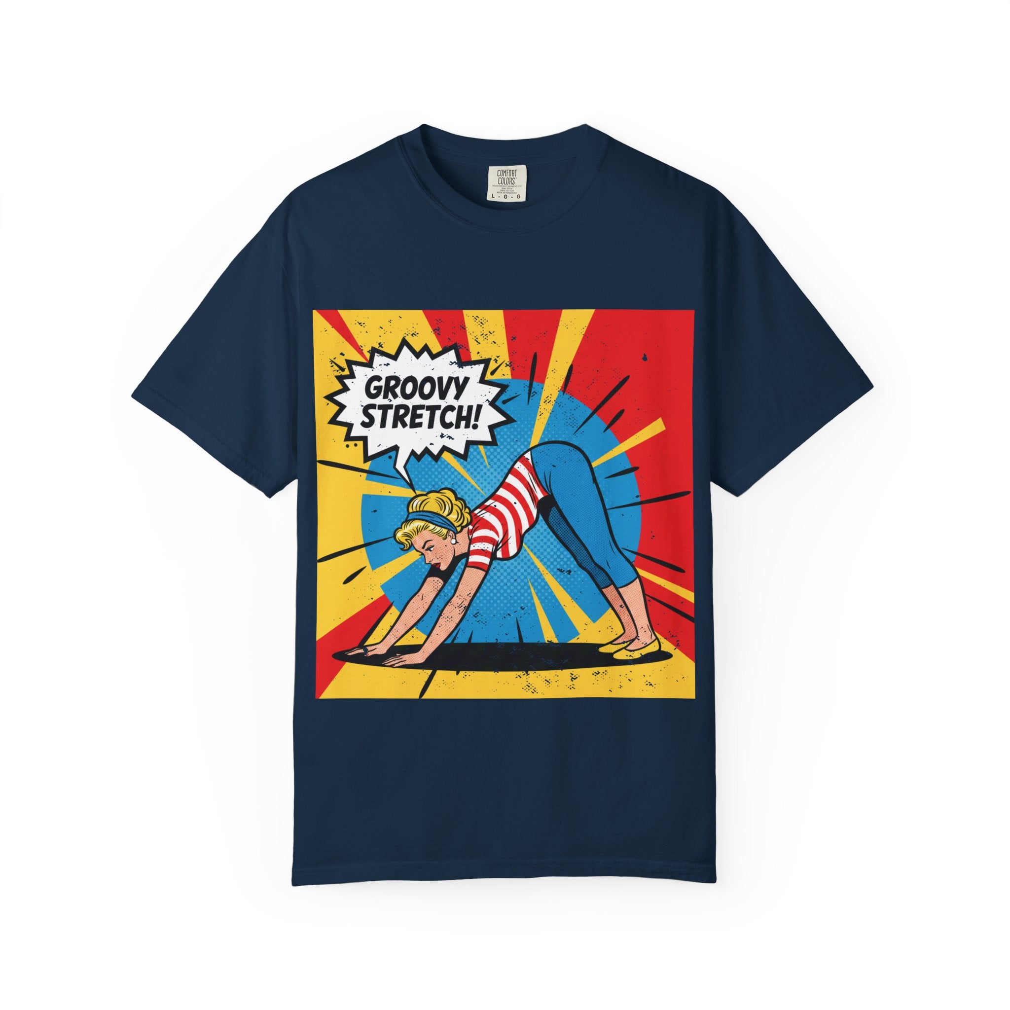 Retro Pop Art Yoga T-Shirt – Vintage Pinup Girl "Groovy Stretch" Graphic Tee
