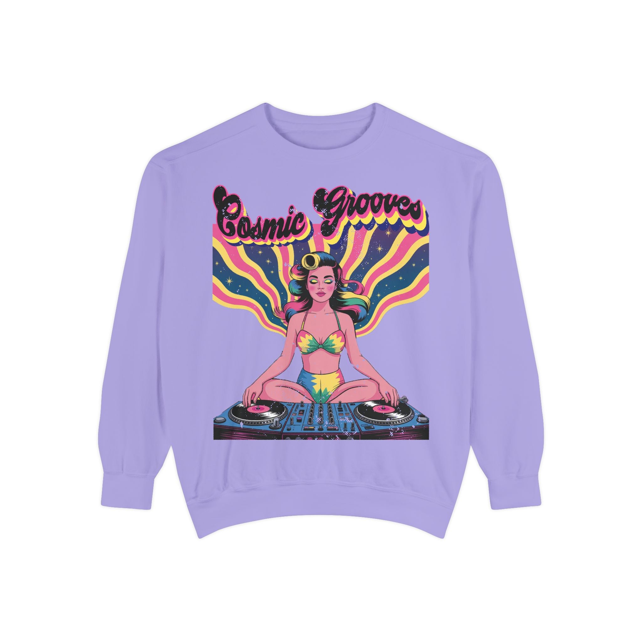 Cosmic Grooves Retro Pinup DJ Sweatshirt – Psychedelic Meditating Rave Apparel