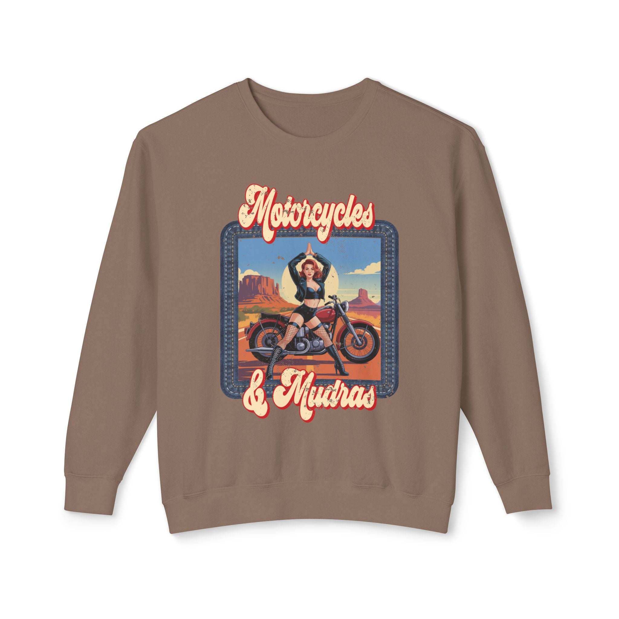 Motorcycles & Mudras Retro Sweatshirt – Vintage Biker Girl Yoga Graphic Pullover