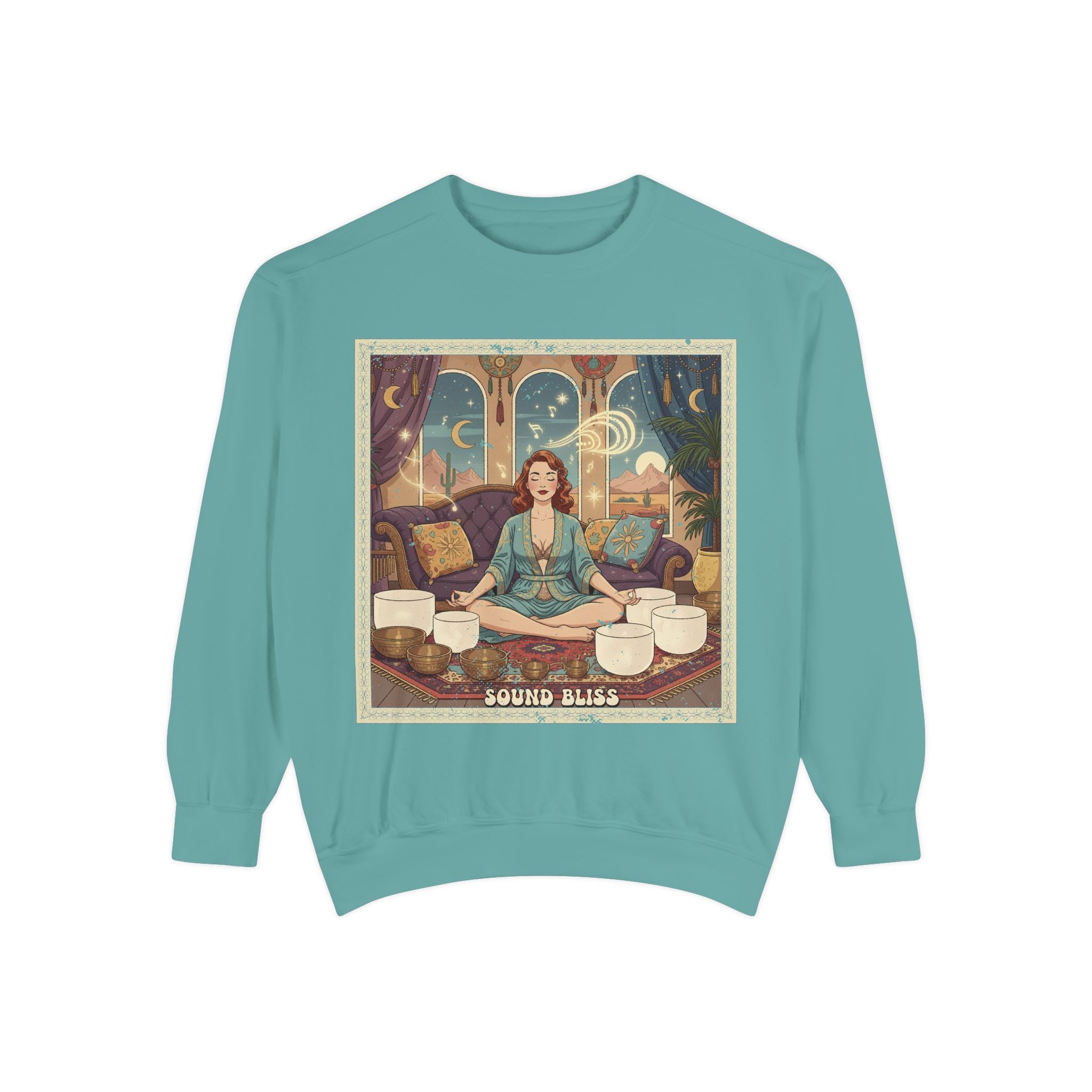 Sound Bliss Retro Sweatshirt – Vintage Sound Healing & Crystal Bowl Graphic Pullover