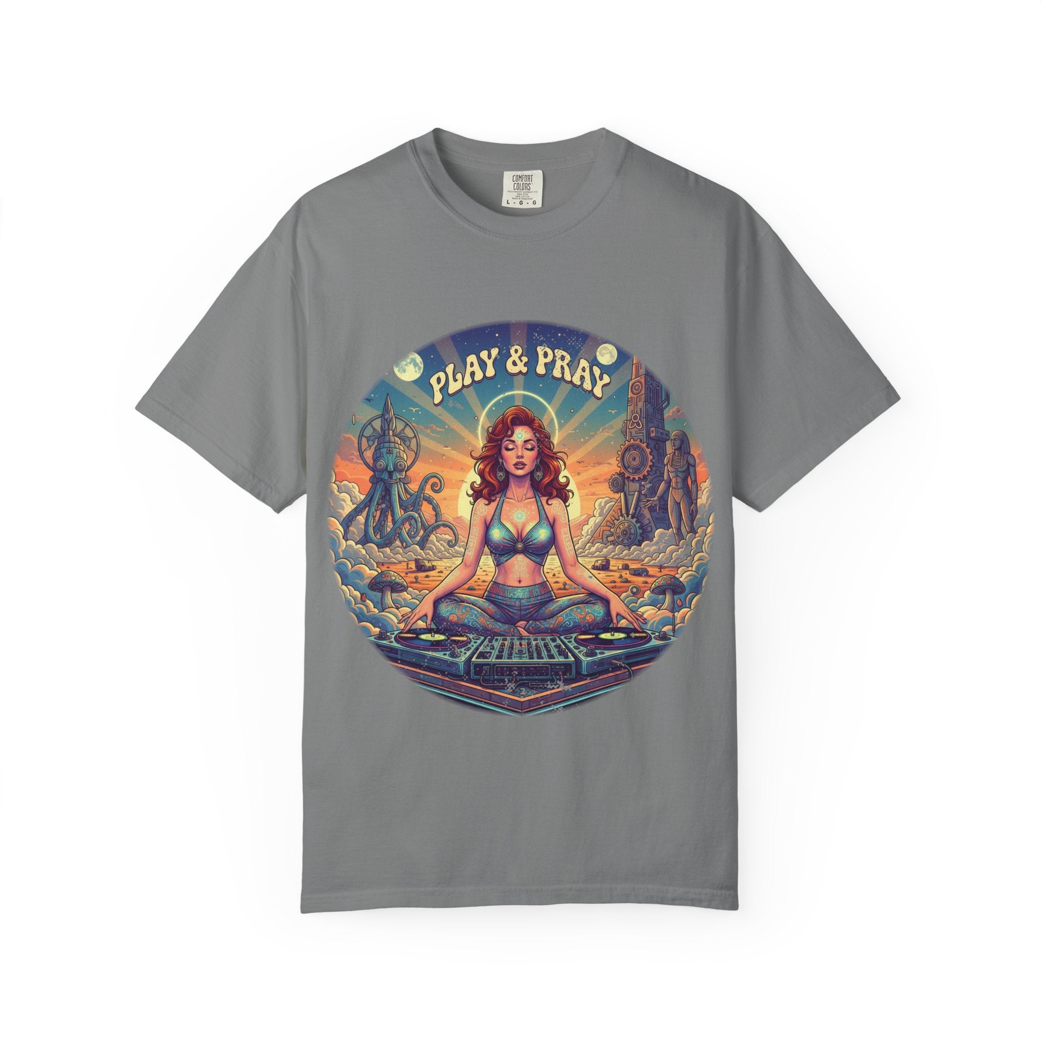 Play & Pray Vintage Pinup DJ Tee - Retro Spiritual Rave & Festival Graphic T-Shirt