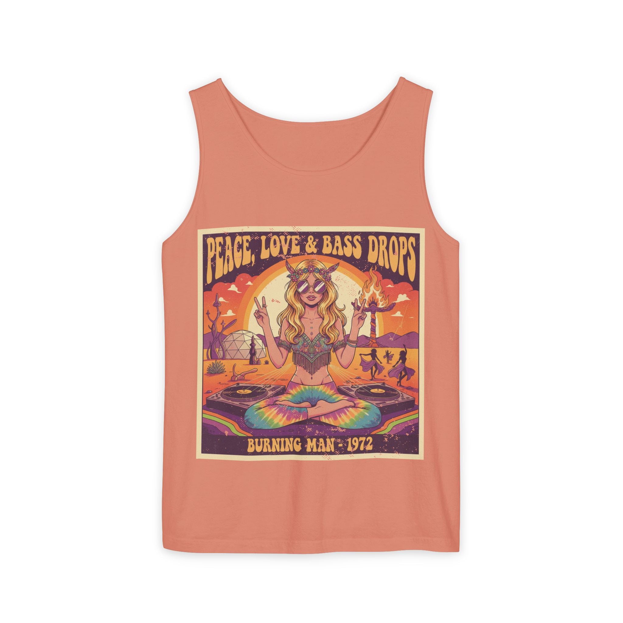 Peace, Love & Bass Drops Tank Top – Retro 1970s Festival "Burning Man" Graphic Racerback