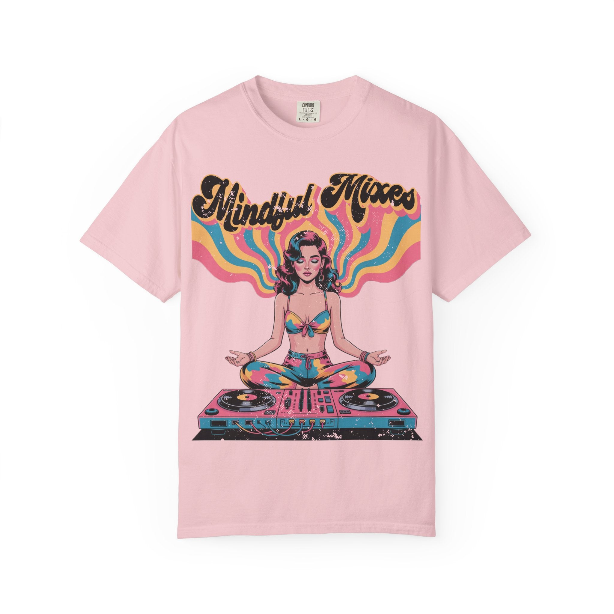 Mindful Mixes Retro DJ T-Shirt – Psychedelic Pinup Meditating Graphic Tee