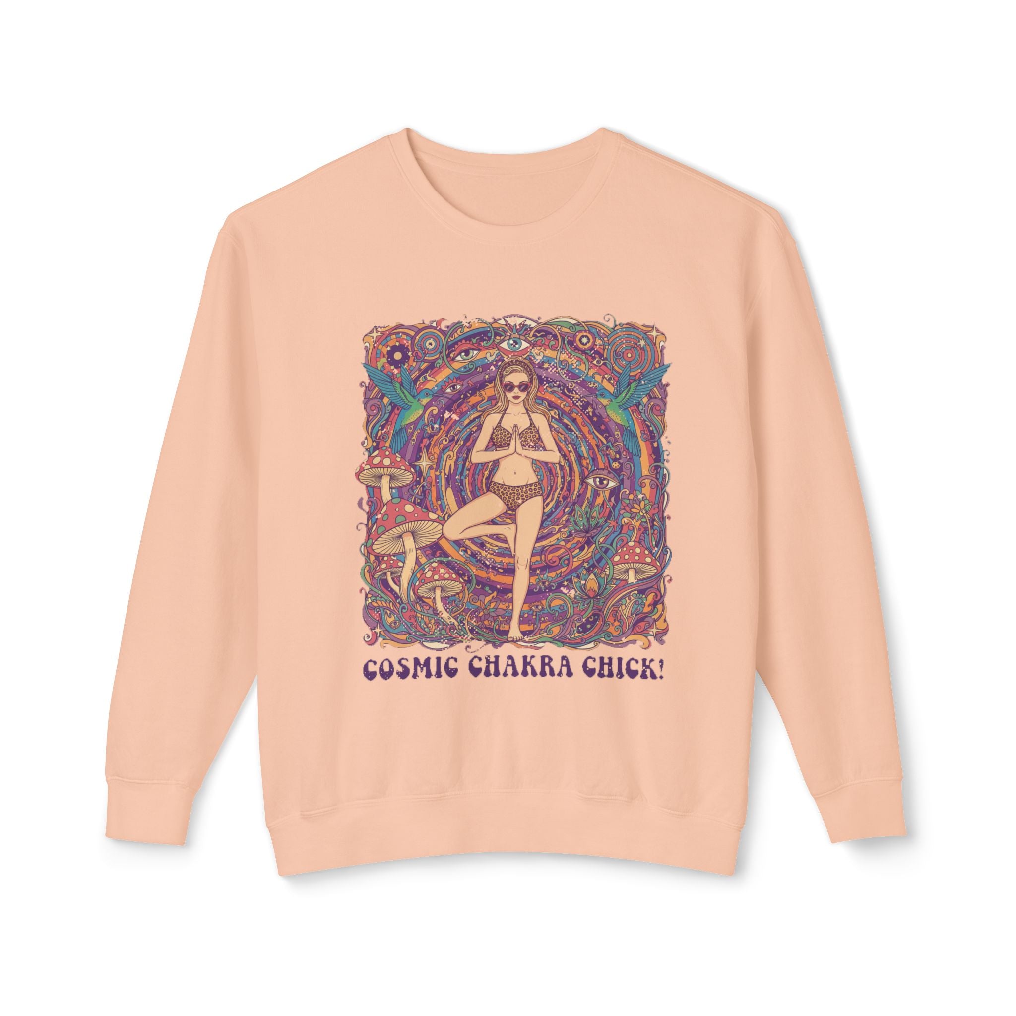 Cosmic Chakra Chill Psychedelic Sweatshirt – Retro Yoga Pinup & Mushroom Art Pullover