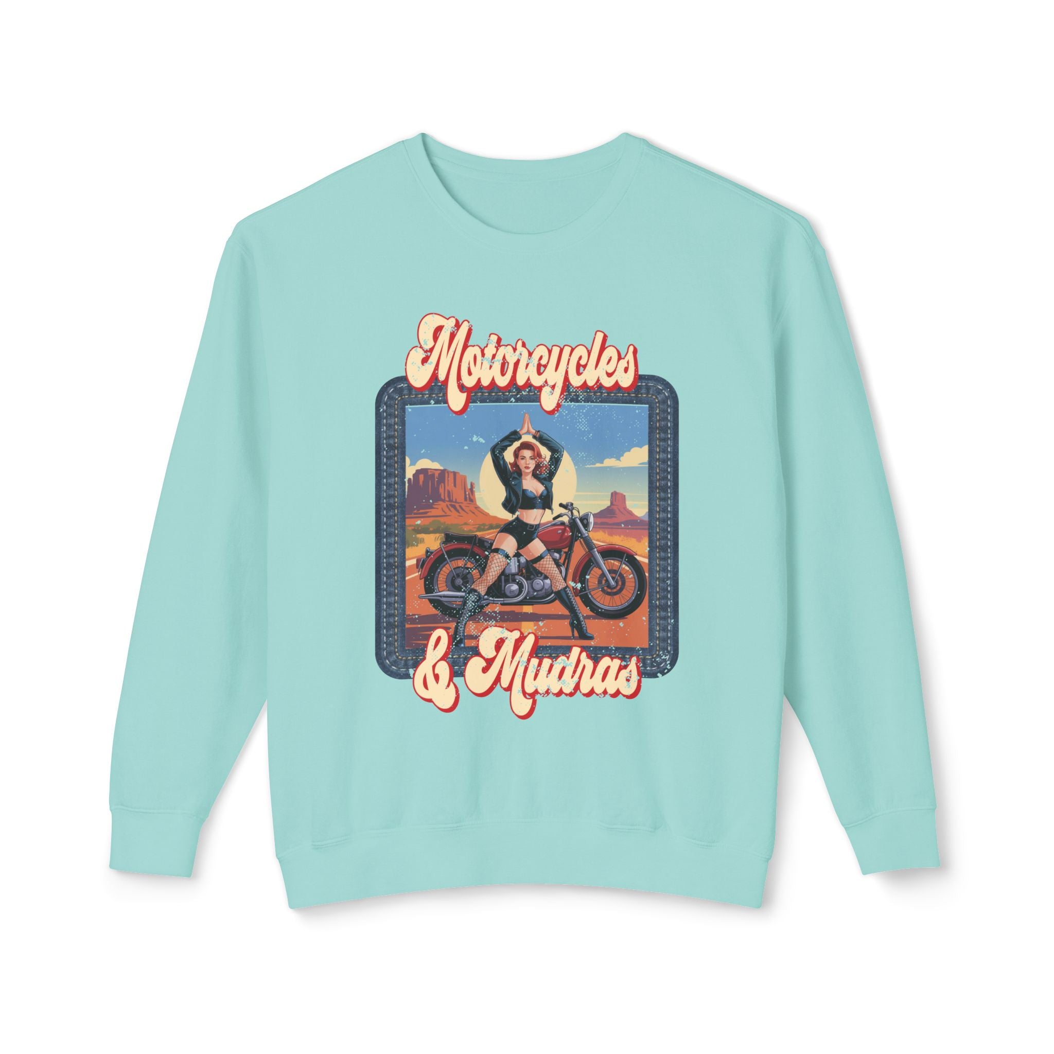 Motorcycles & Mudras Retro Sweatshirt – Vintage Biker Girl Yoga Graphic Pullover