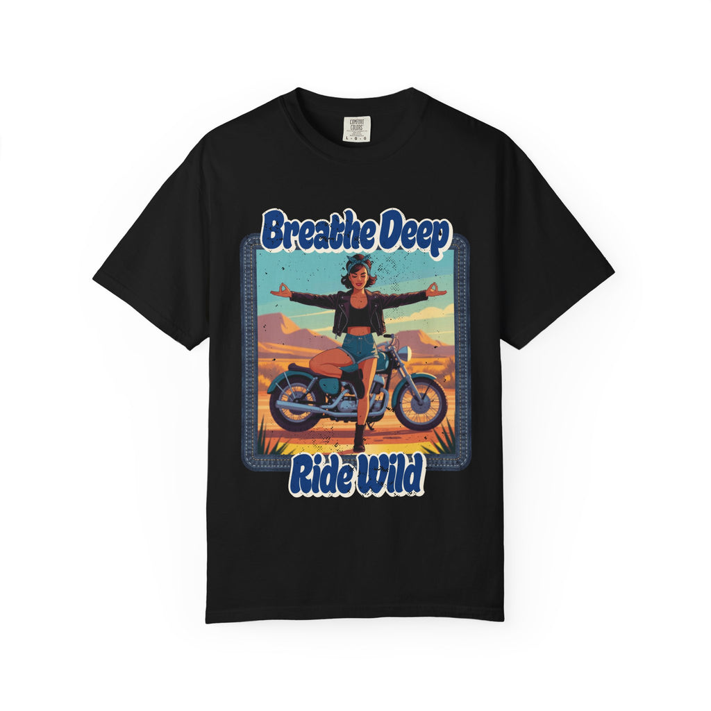 Breathe Deep Ride Wild T-Shirt – Vintage 1950s Biker Girl Yoga Graphic Tee