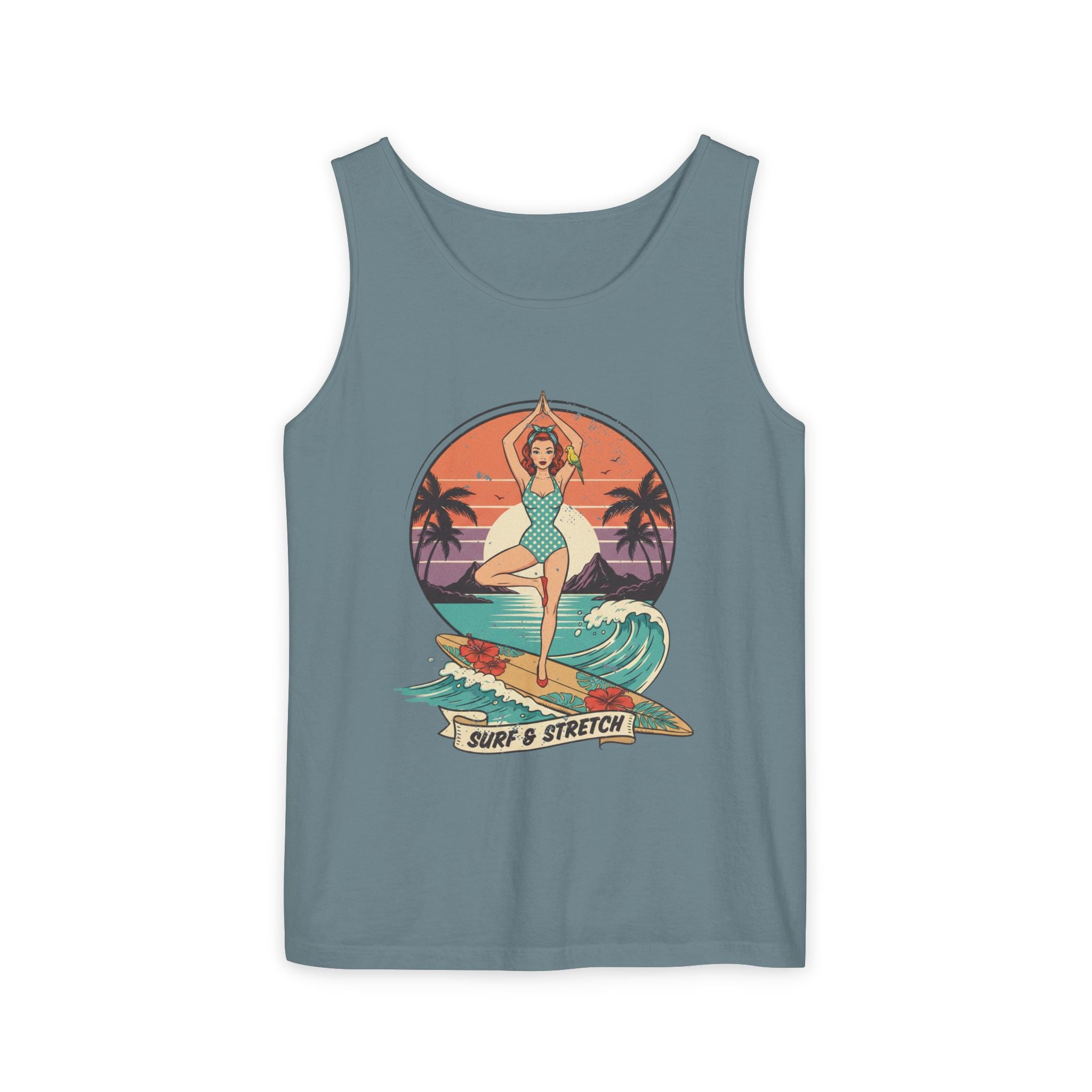Surf & Stretch Retro Tank Top – Vintage Tropical Beach Yoga Graphic Tee
