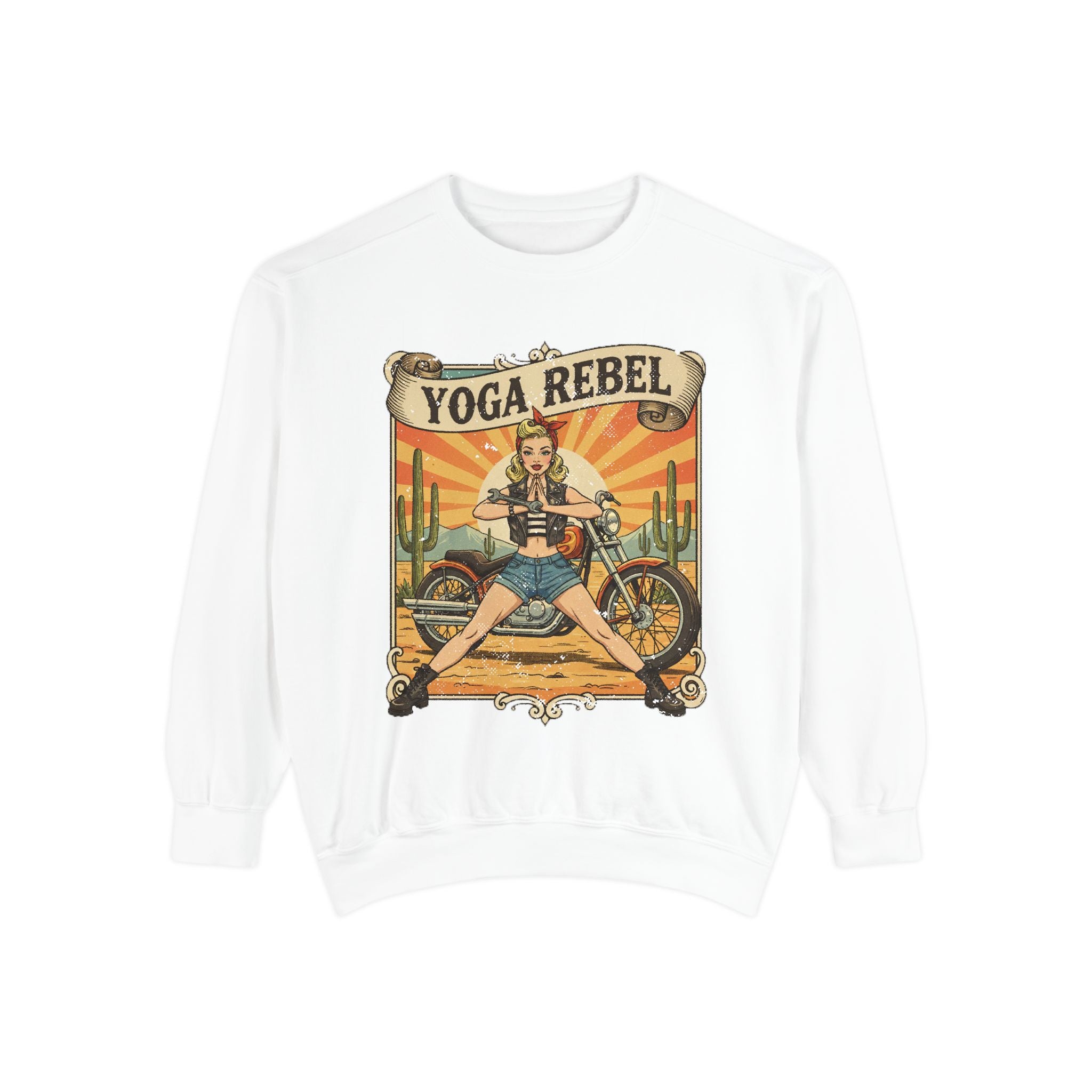 Yoga Rebel Retro Sweatshirt – Vintage Biker Girl Motorcycle Graphic Pullover