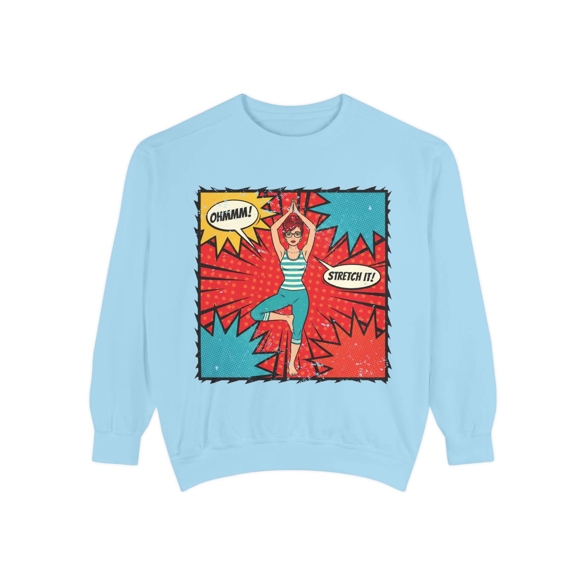 Retro Comic Yoga Sweatshirt – Pop Art Tree Pose "Stretch It!" Vintage Pullover
