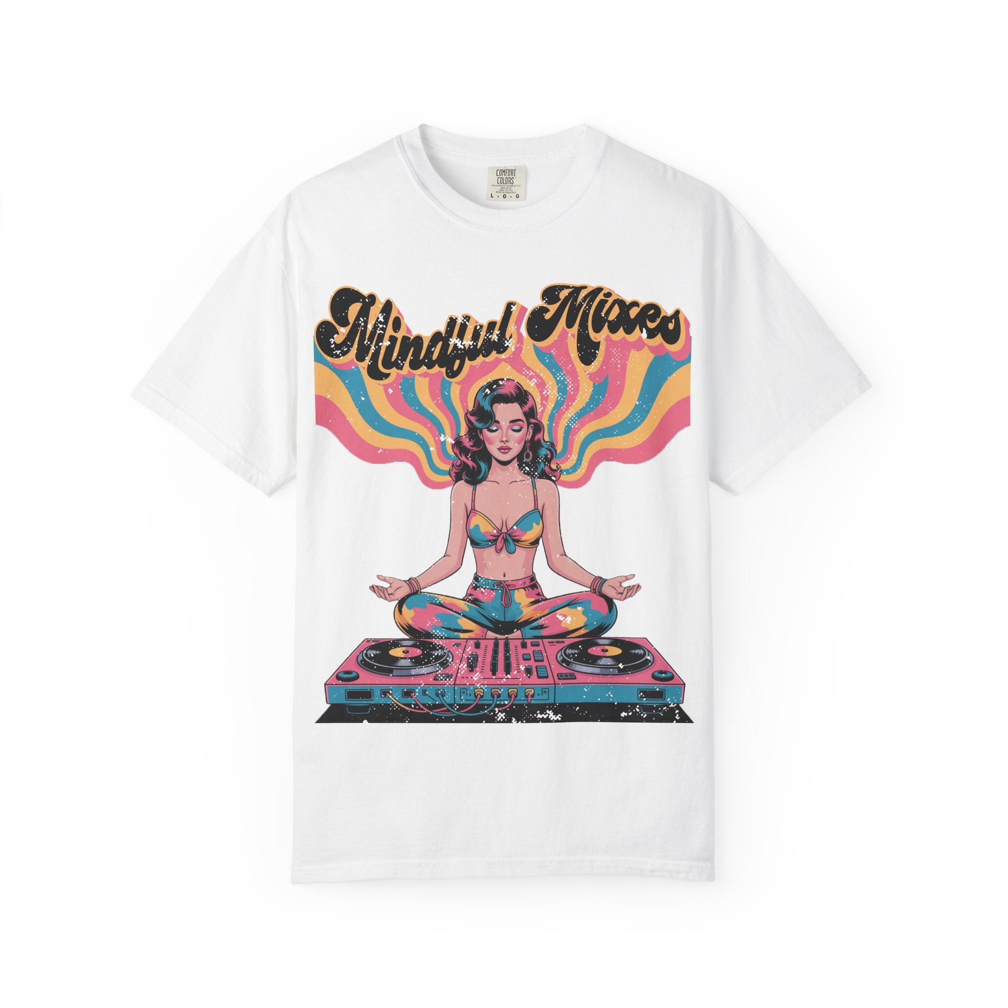 Mindful Mixes Retro DJ T-Shirt – Psychedelic Pinup Meditating Graphic Tee