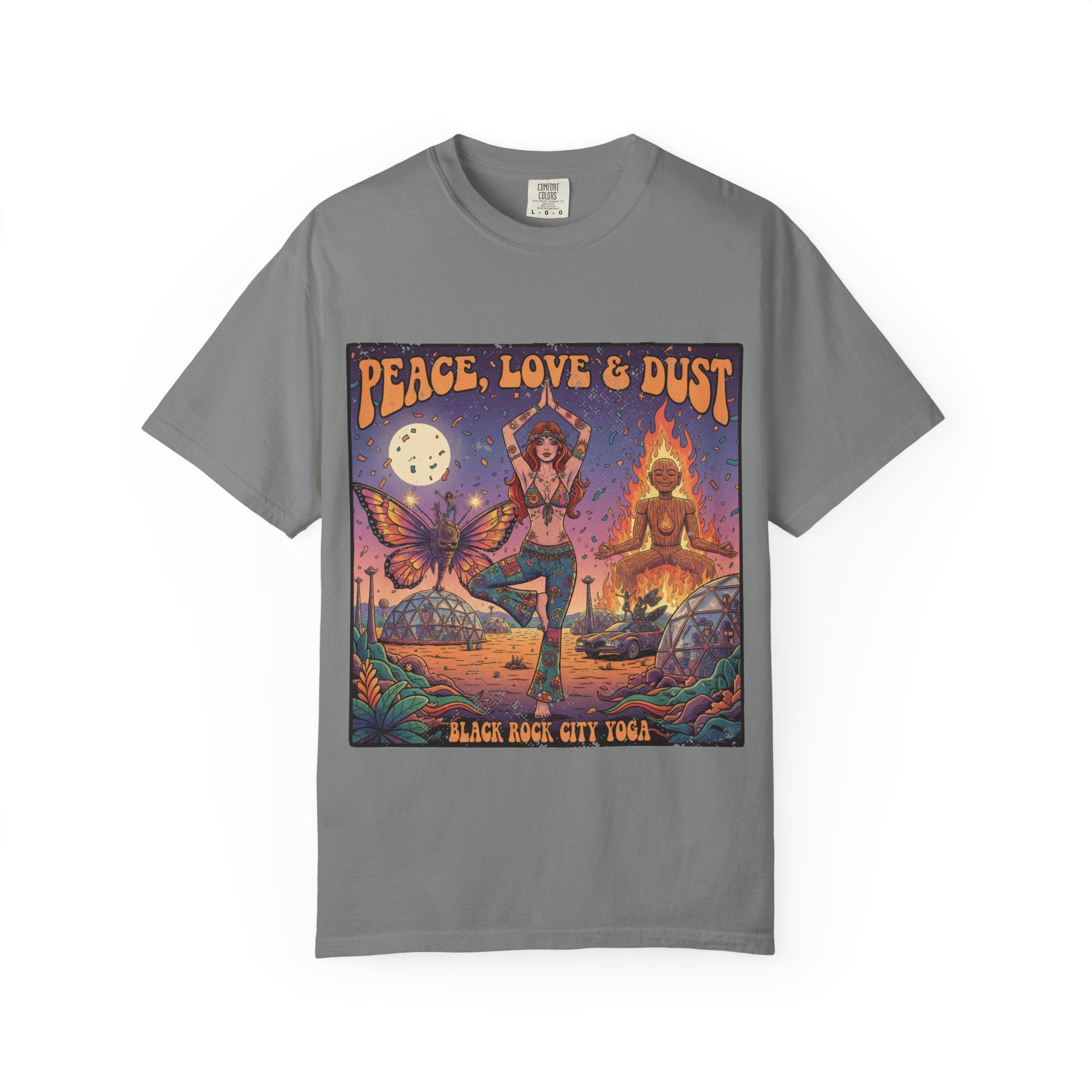 Peace Love & Dust Black Rock City Yoga T-Shirt - Vintage Festival Pinup Graphic Tee