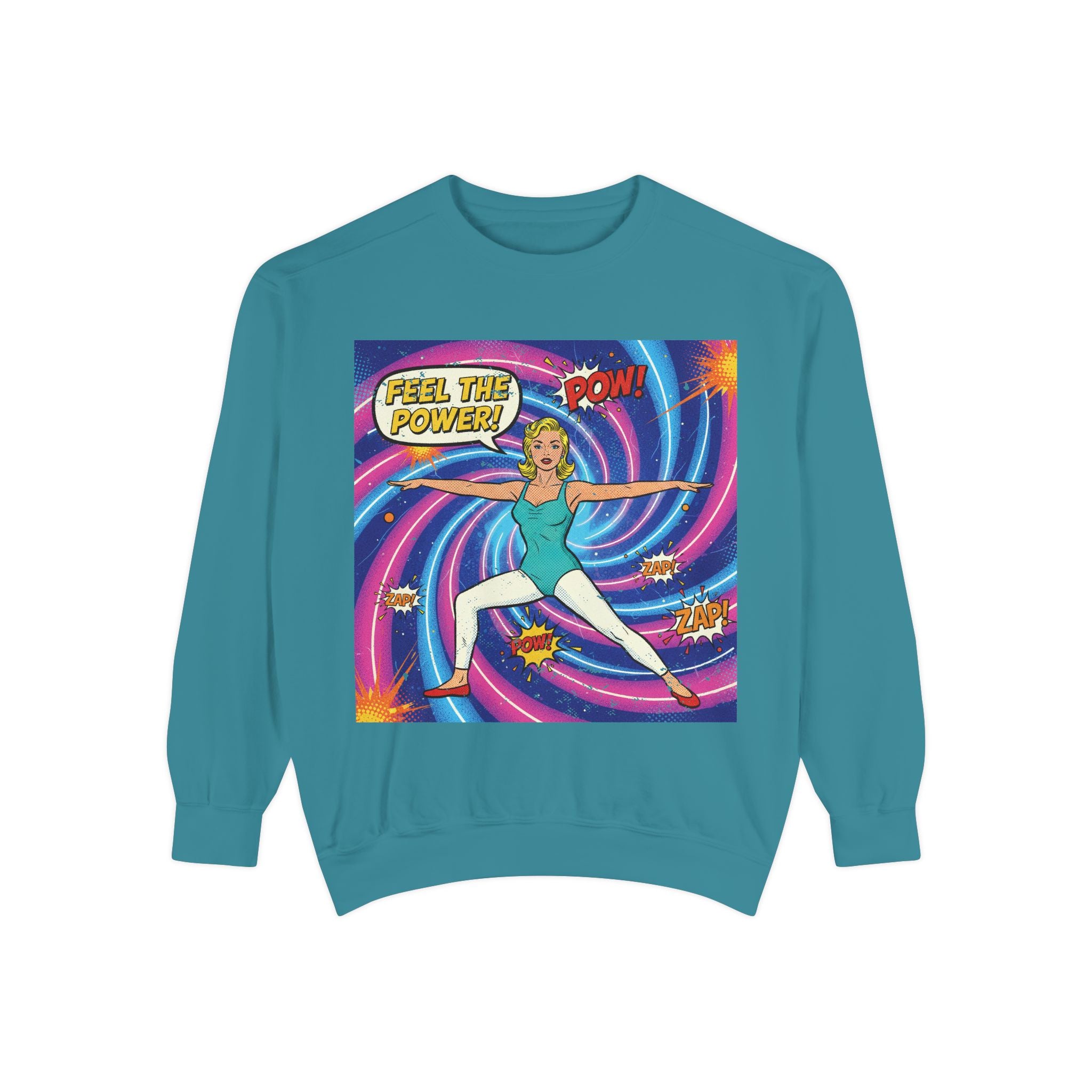 Retro Comic Yoga Sweatshirt – Vintage Pop Art Warrior Pose "Feel The Power" Pullover