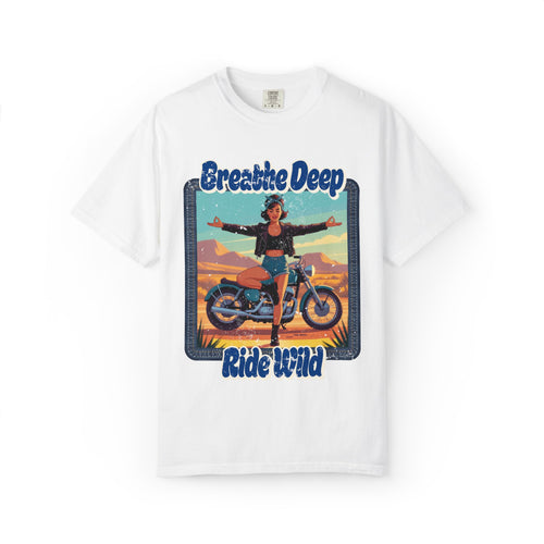 Breathe Deep Ride Wild T-Shirt – Vintage 1950s Biker Girl Yoga Graphic Tee
