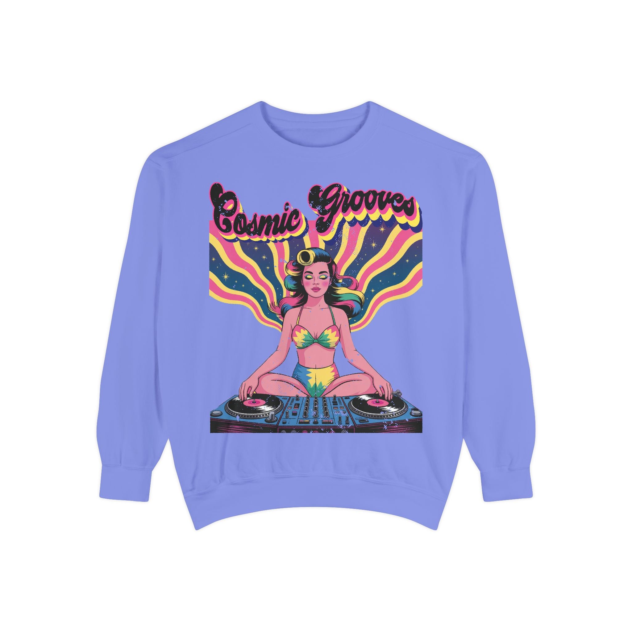 Cosmic Grooves Retro Pinup DJ Sweatshirt – Psychedelic Meditating Rave Apparel