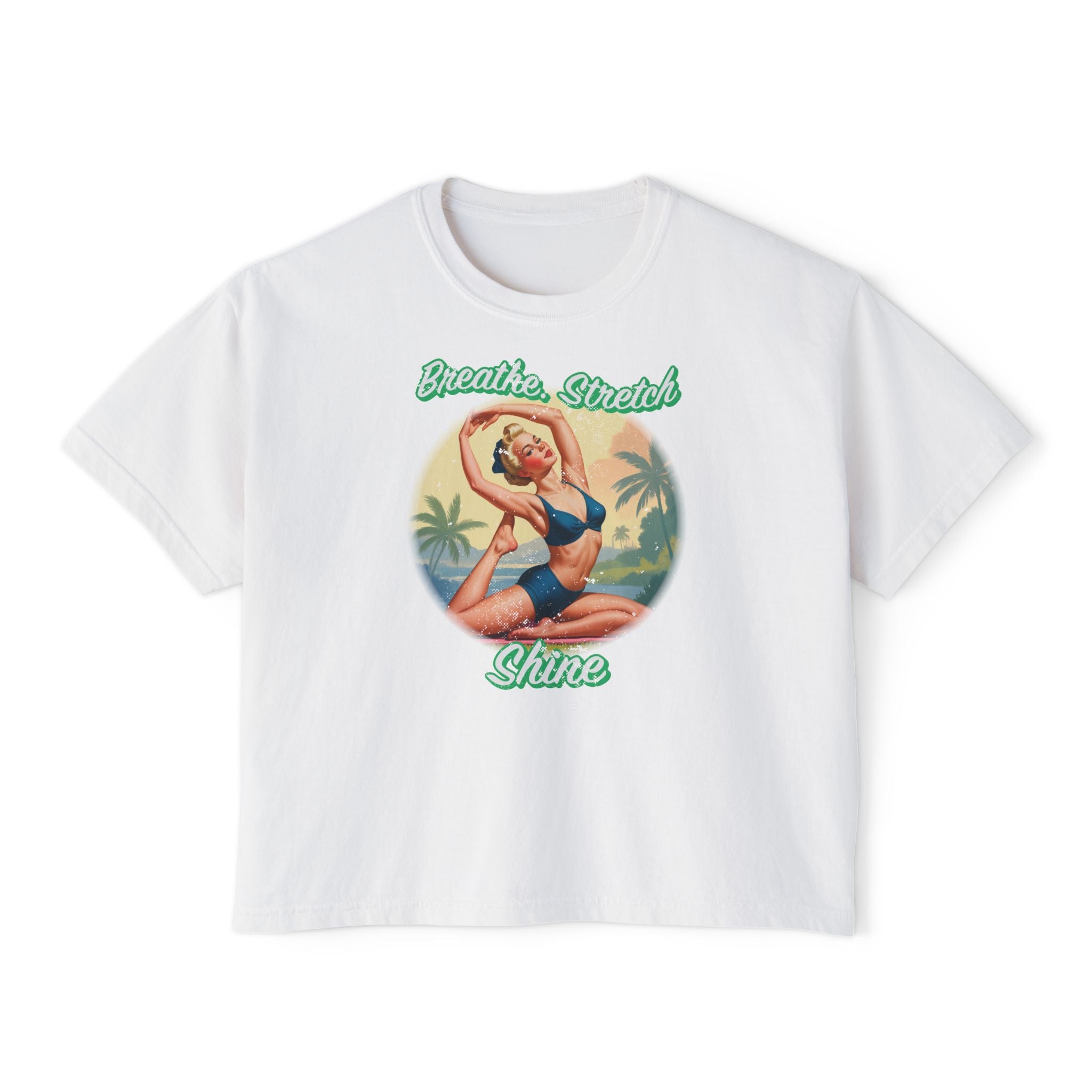Breathe Stretch Shine T-Shirt – Retro Pin-Up Yoga Graphic Tee for Vintage Wellness Lovers