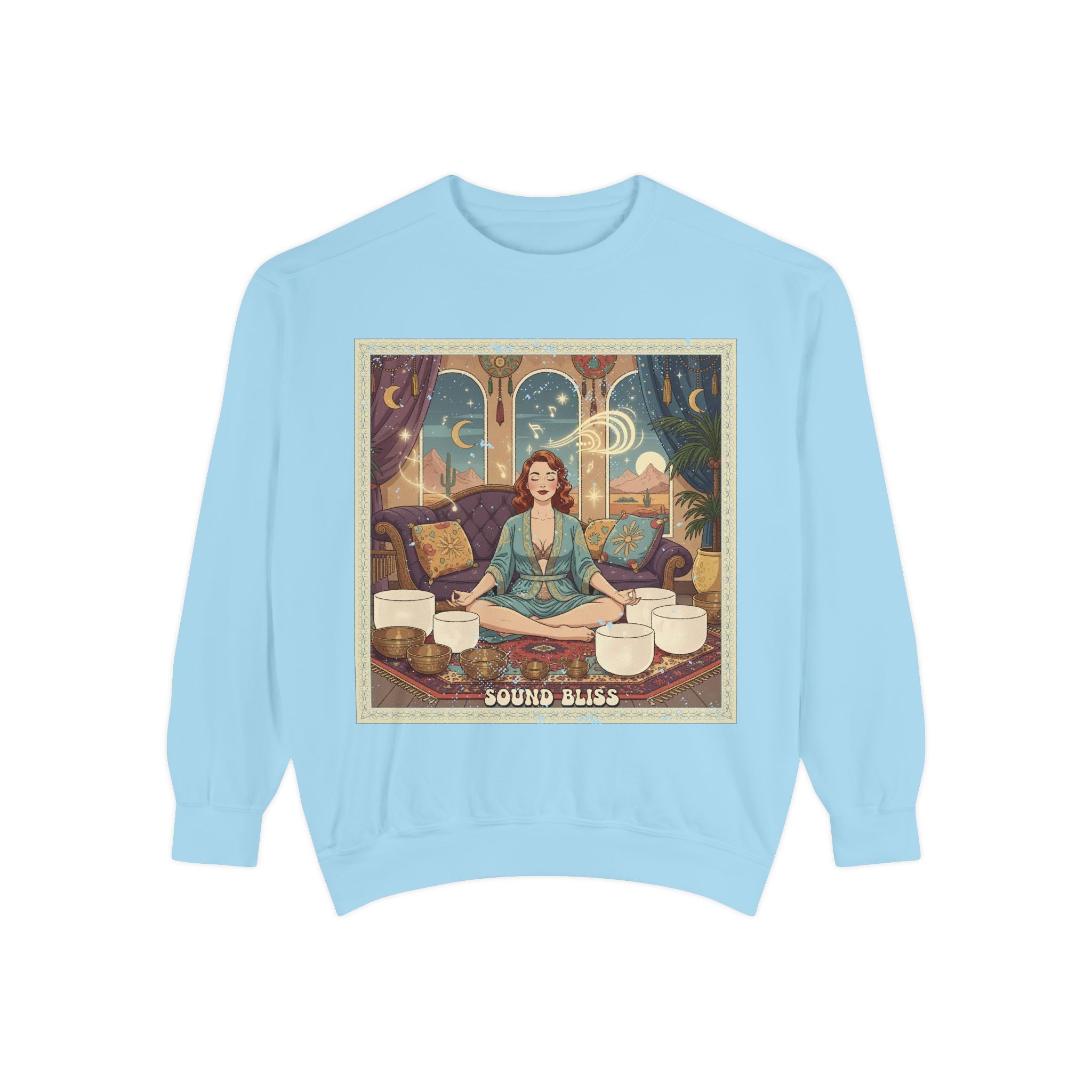 Sound Bliss Retro Sweatshirt – Vintage Sound Healing & Crystal Bowl Graphic Pullover