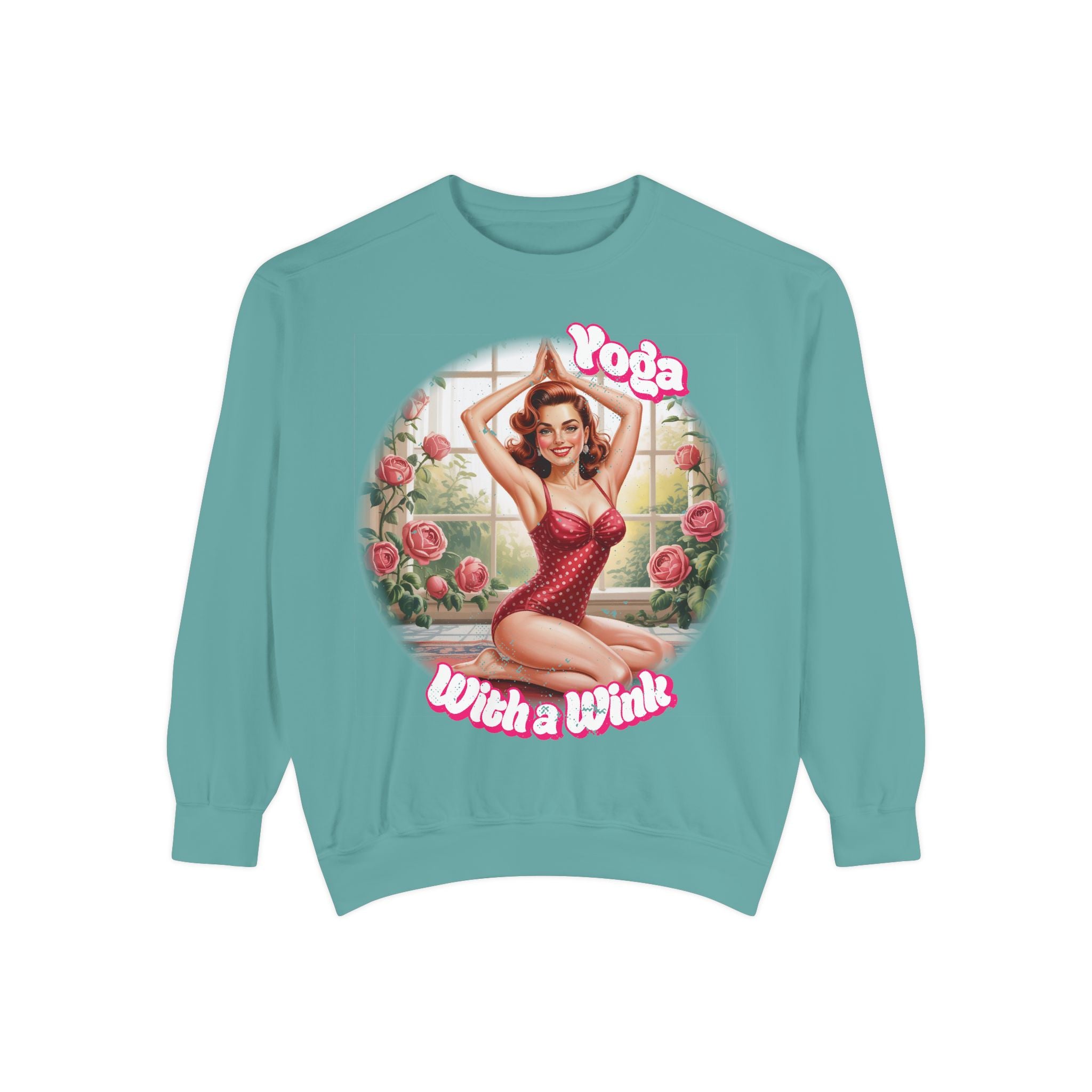 Retro Pin-Up Yoga Crewneck for Vintage Style & Spiritual Vibes