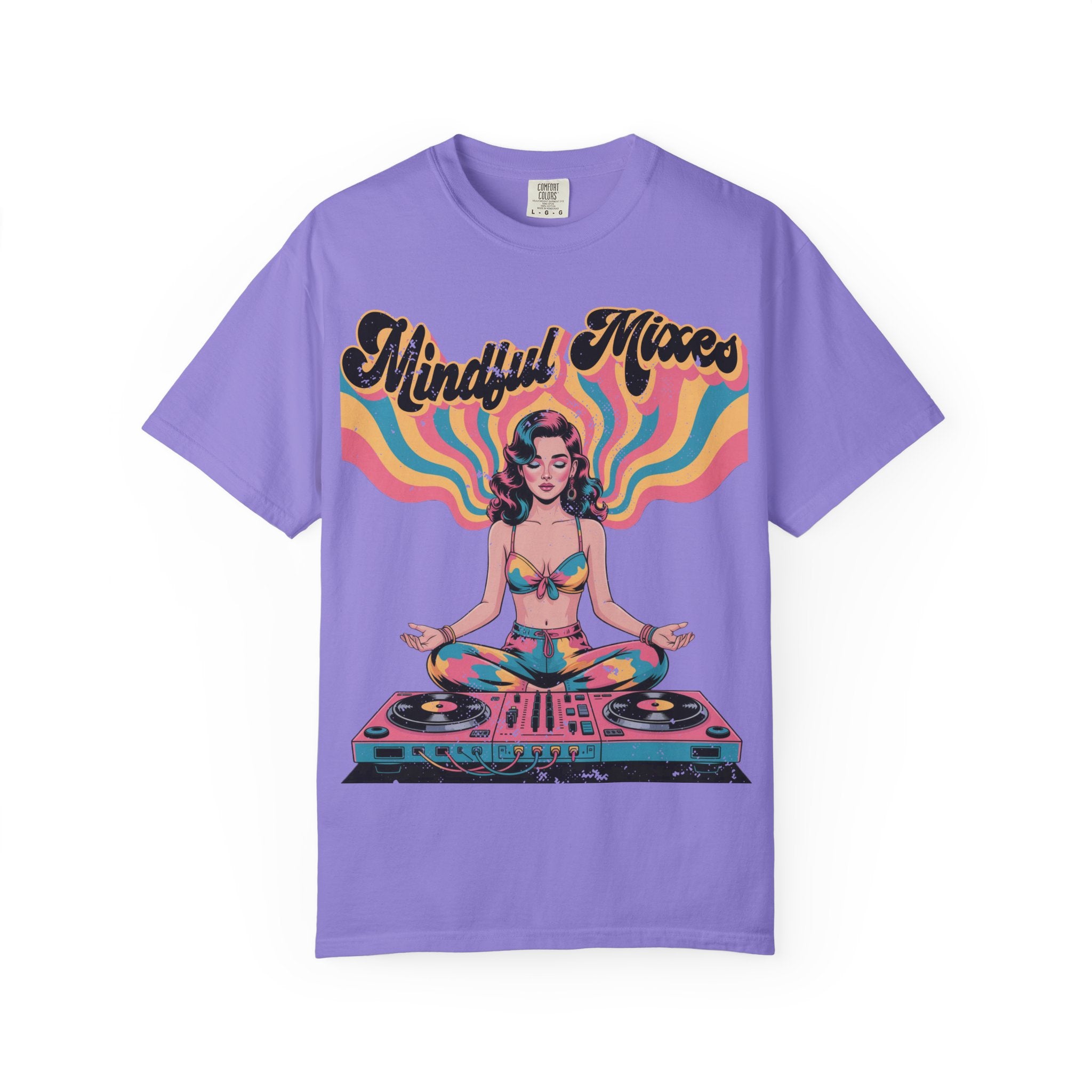 Mindful Mixes Retro DJ T-Shirt – Psychedelic Pinup Meditating Graphic Tee