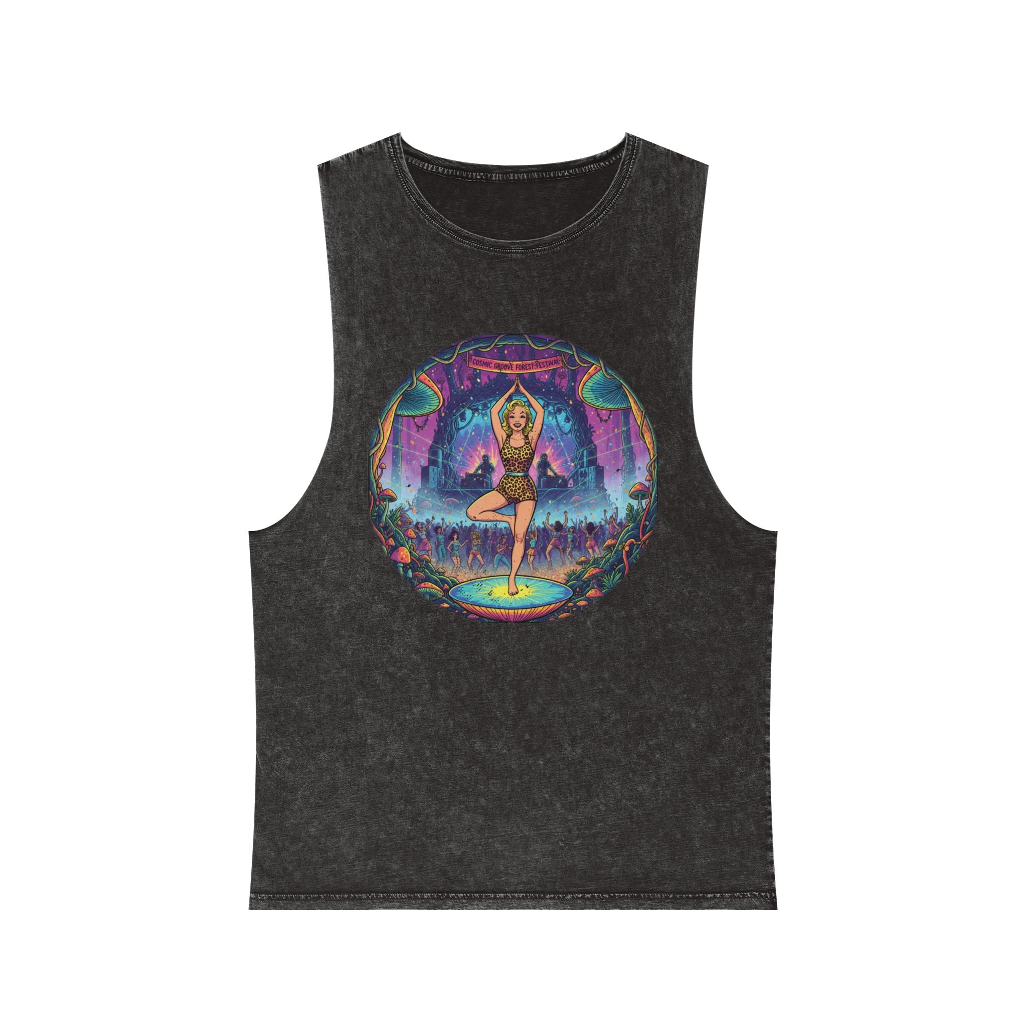 Cosmic Groove Forest Festival Pinup Tank Top - Vintage Psychedelic Mushroom Stonewashed Rave Gear