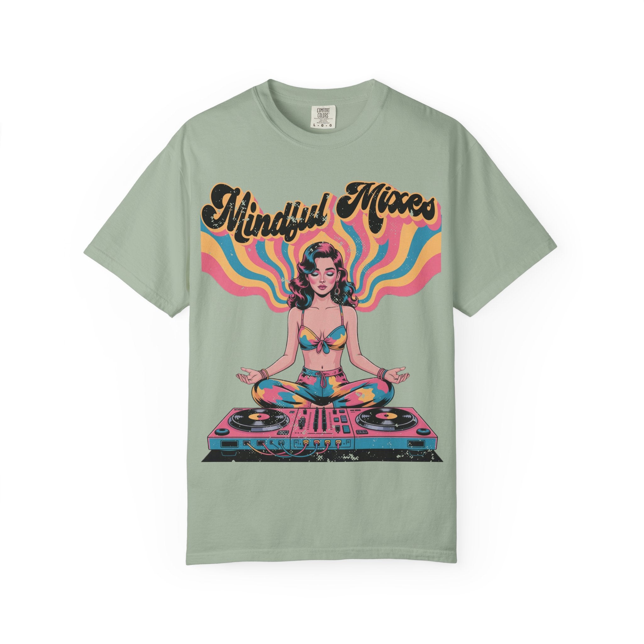 Mindful Mixes Retro DJ T-Shirt – Psychedelic Pinup Meditating Graphic Tee
