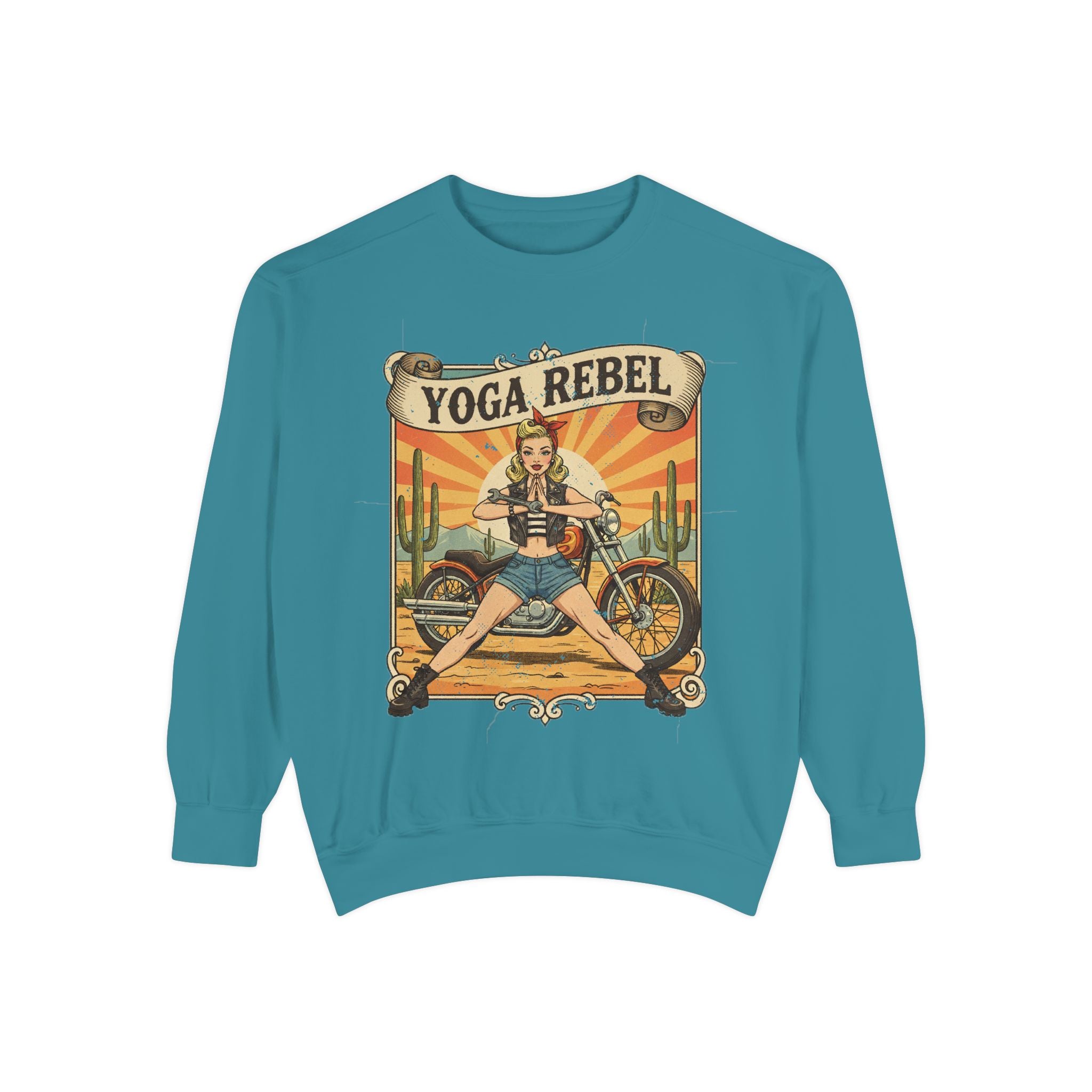 Yoga Rebel Retro Sweatshirt – Vintage Biker Girl Motorcycle Graphic Pullover