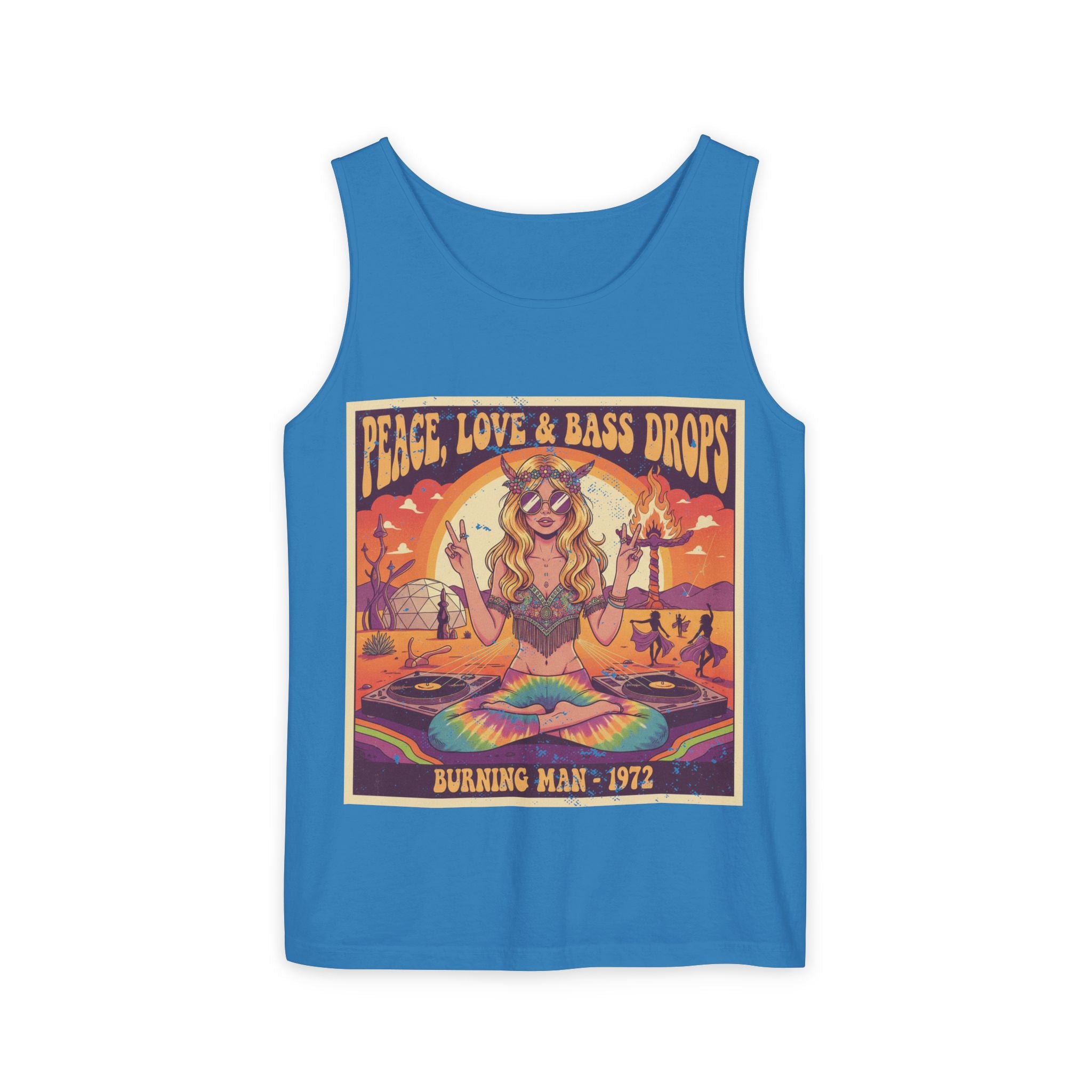 Peace, Love & Bass Drops Tank Top – Retro 1970s Festival "Burning Man" Graphic Racerback