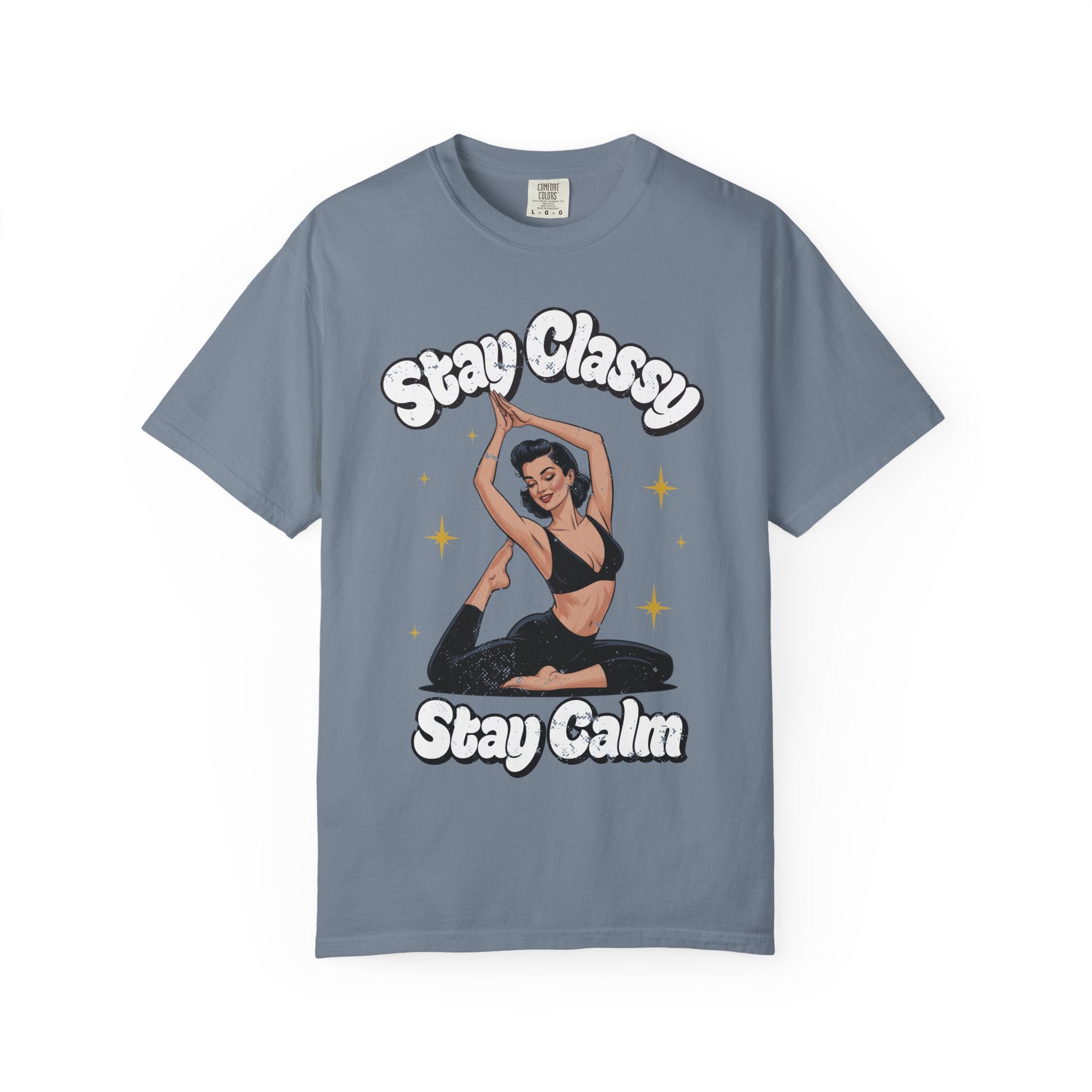 Retro Pinup Girl Yoga T-Shirt - "Stay Classy, Stay Calm" Vintage Graphic Tee