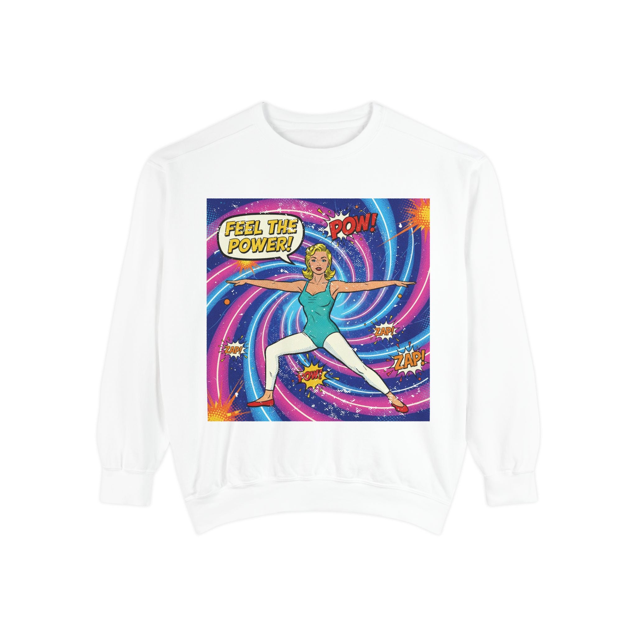 Retro Comic Yoga Sweatshirt – Vintage Pop Art Warrior Pose "Feel The Power" Pullover