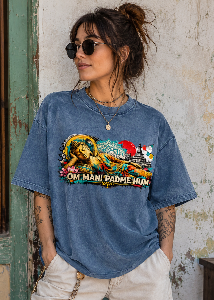 Om Mani Padme Hum Reclining Buddha Graffiti T-Shirt
