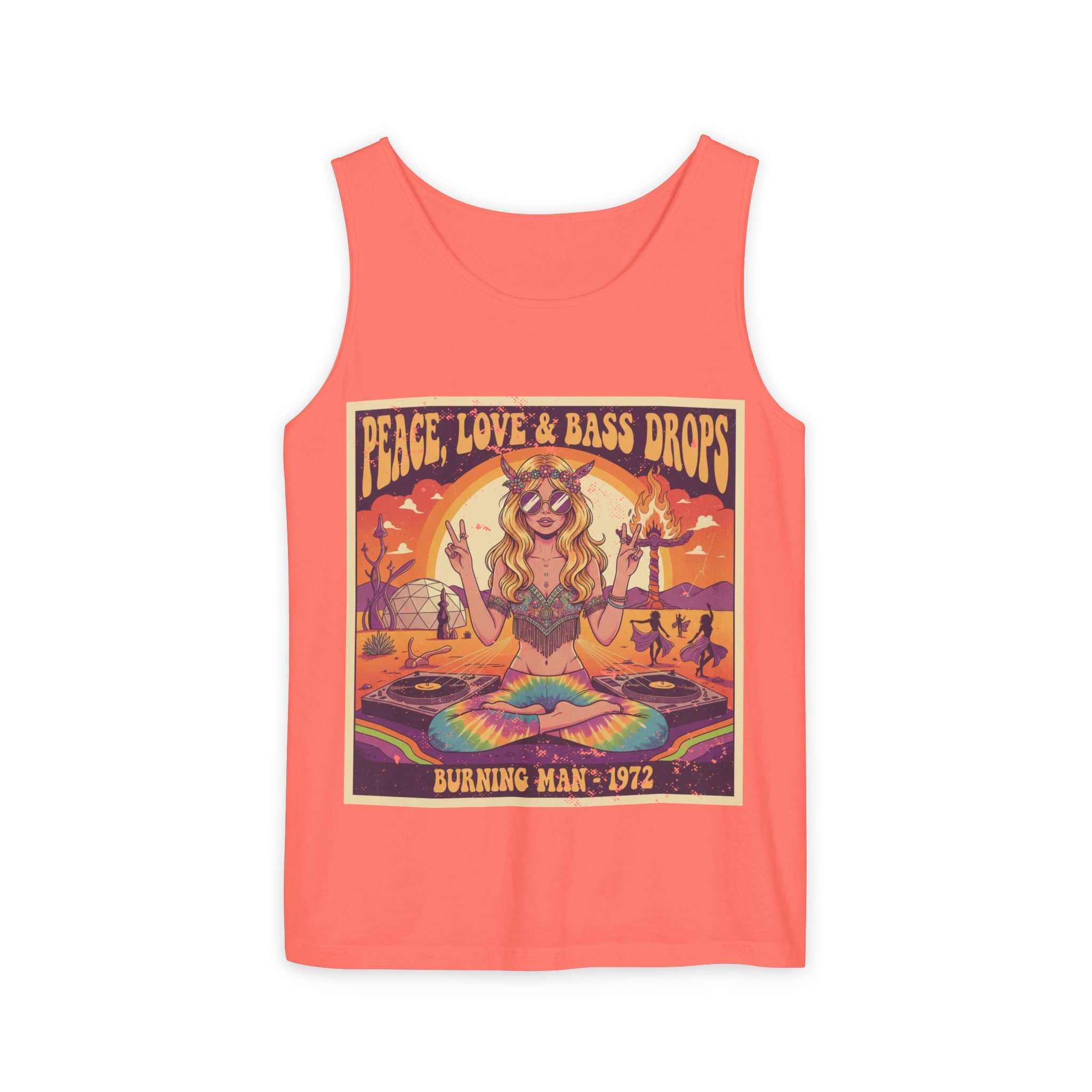 Peace, Love & Bass Drops Tank Top – Retro 1970s Festival "Burning Man" Graphic Racerback