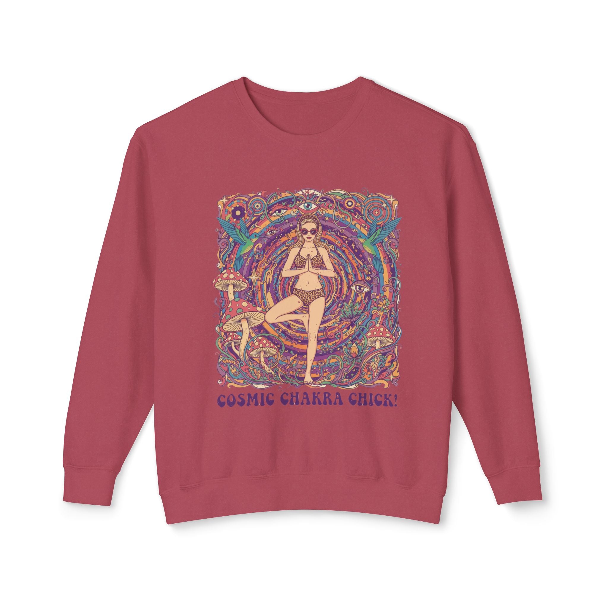 Cosmic Chakra Chill Psychedelic Sweatshirt – Retro Yoga Pinup & Mushroom Art Pullover