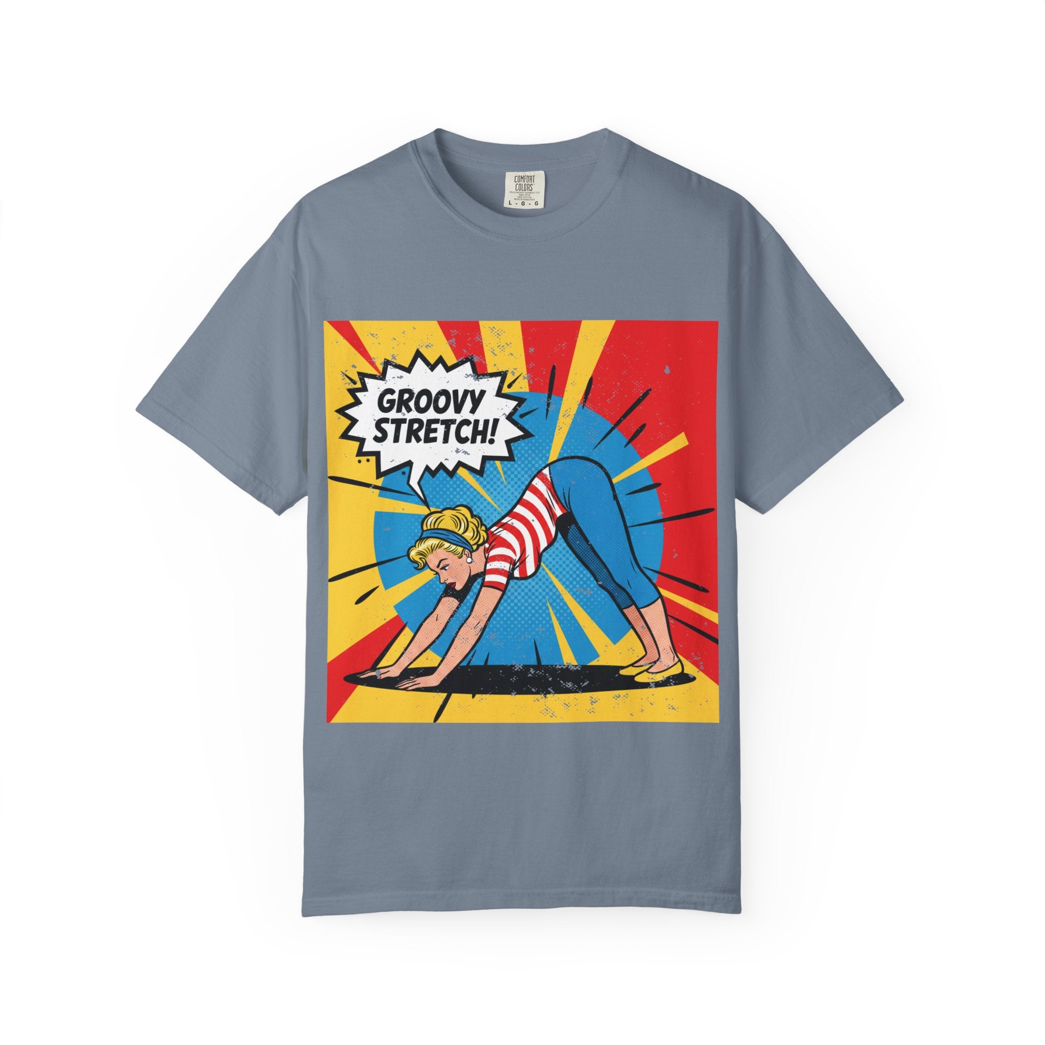 Retro Pop Art Yoga T-Shirt – Vintage Pinup Girl "Groovy Stretch" Graphic Tee