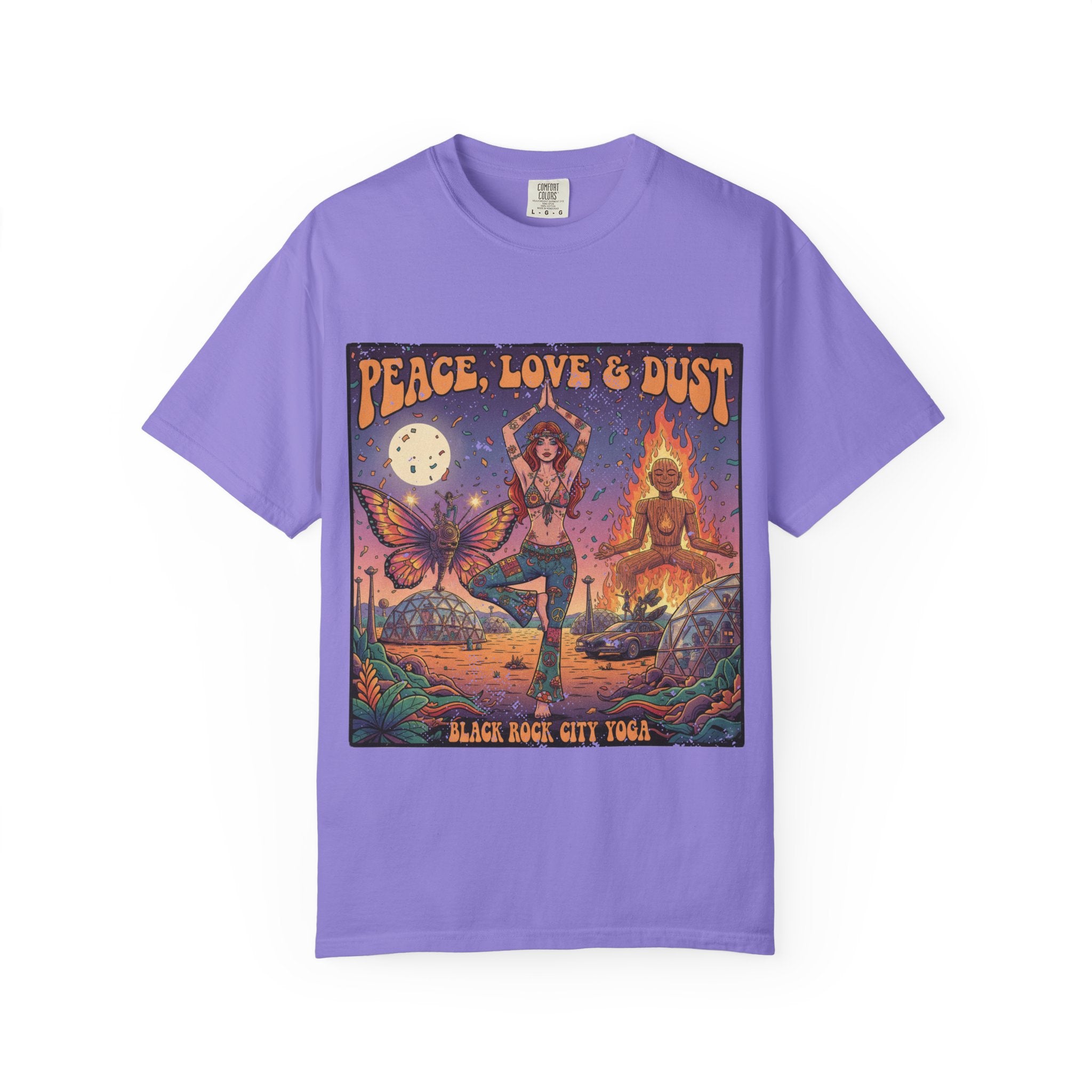 Peace Love & Dust Black Rock City Yoga T-Shirt - Vintage Festival Pinup Graphic Tee