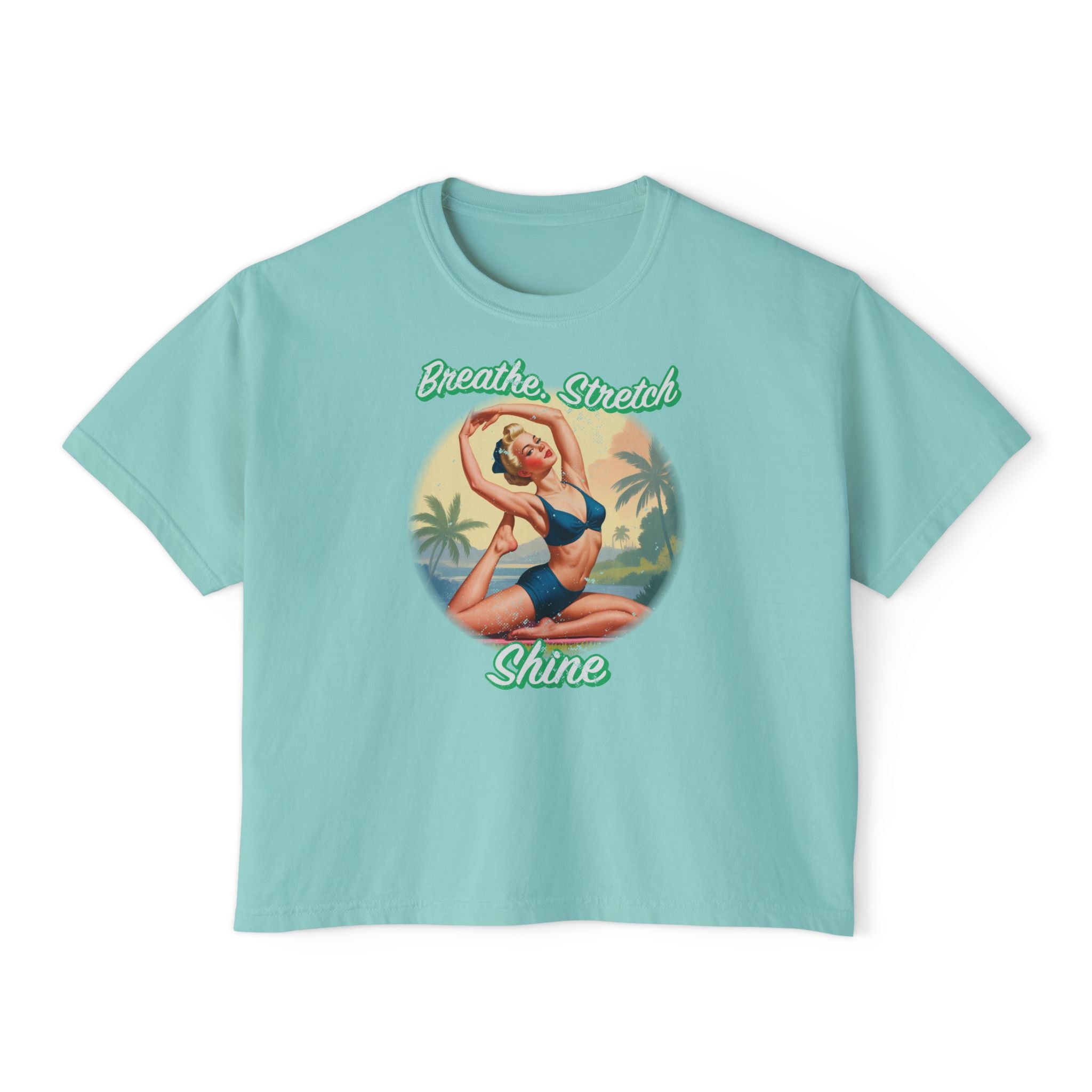 Breathe Stretch Shine T-Shirt – Retro Pin-Up Yoga Graphic Tee for Vintage Wellness Lovers