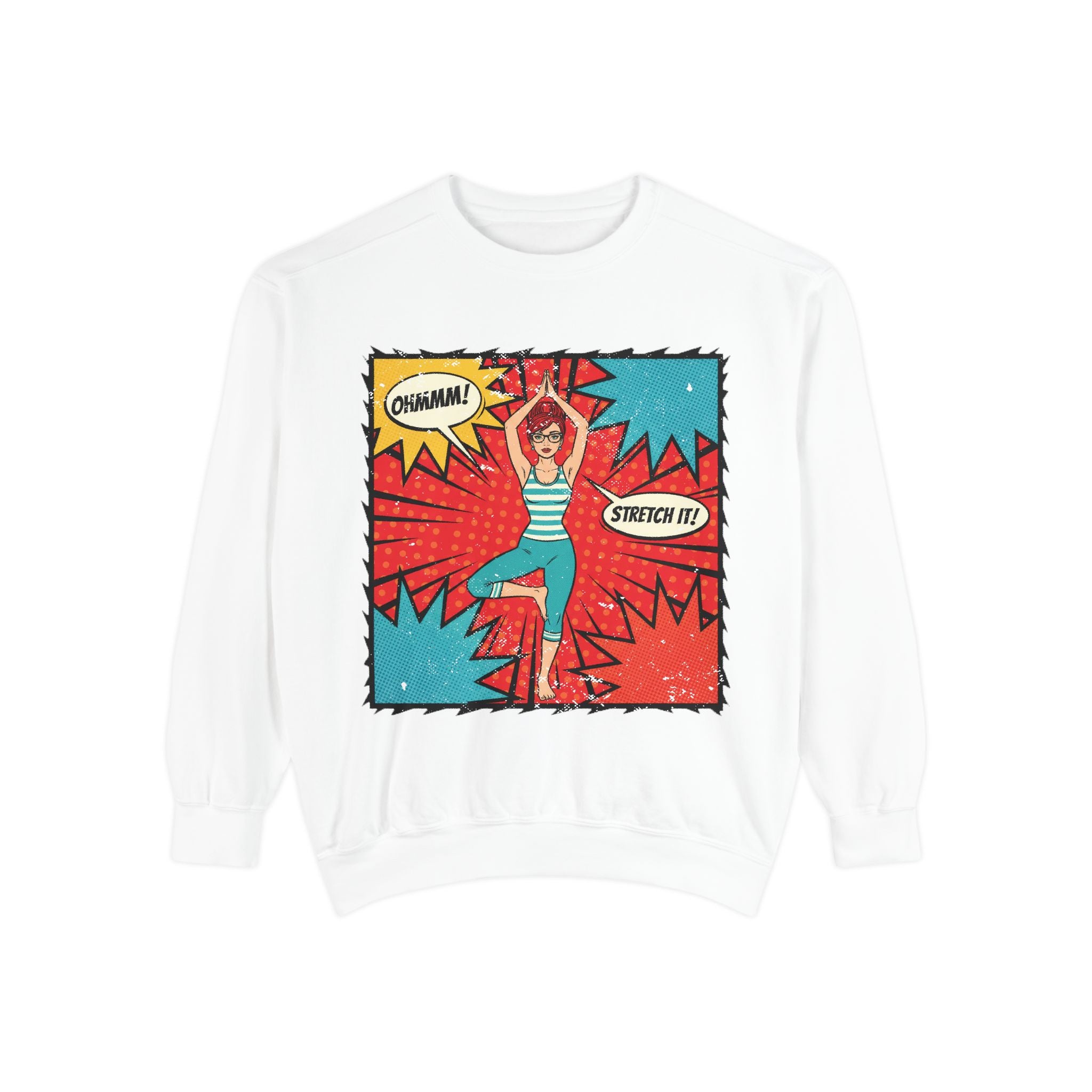 Retro Comic Yoga Sweatshirt – Pop Art Tree Pose "Stretch It!" Vintage Pullover
