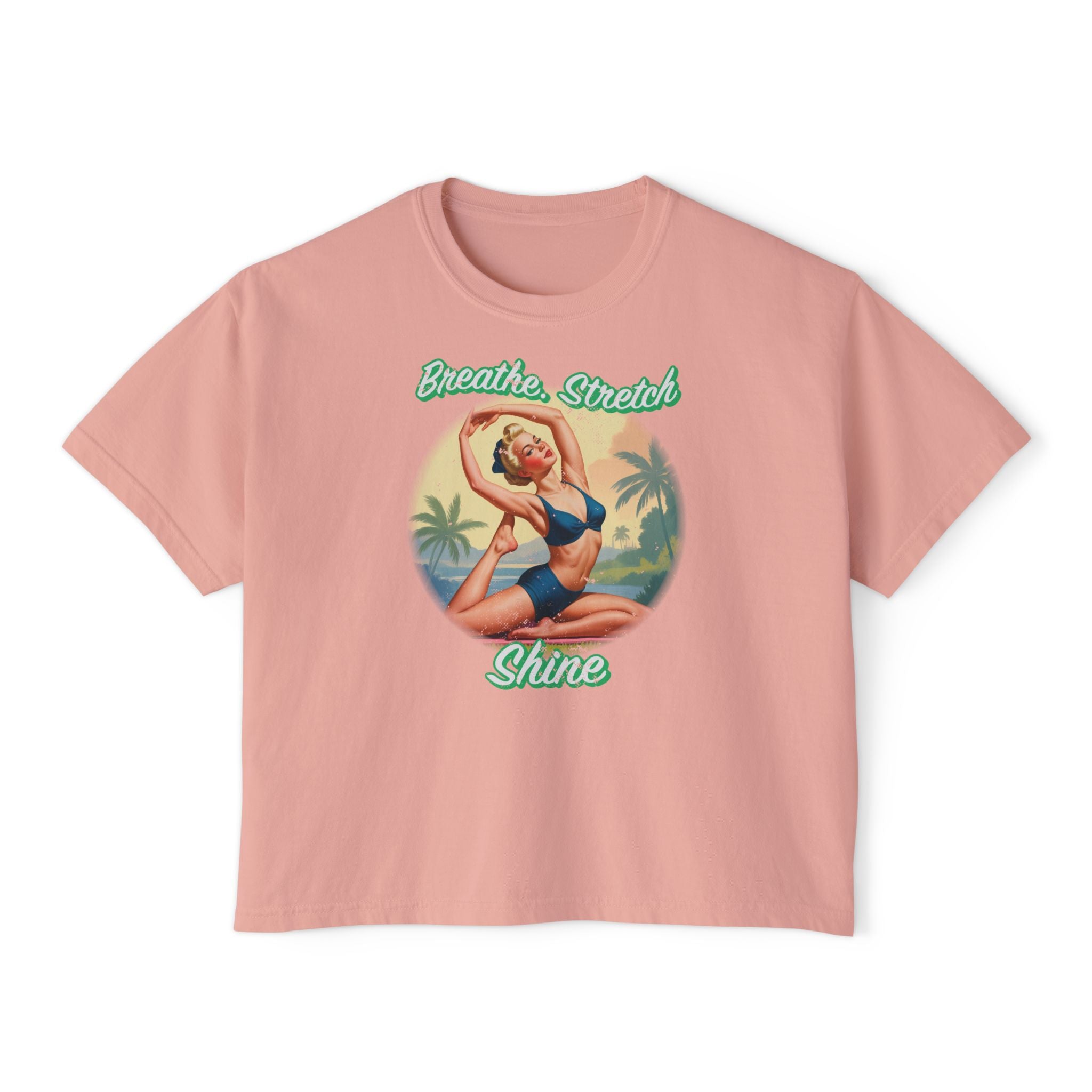 Breathe Stretch Shine T-Shirt – Retro Pin-Up Yoga Graphic Tee for Vintage Wellness Lovers