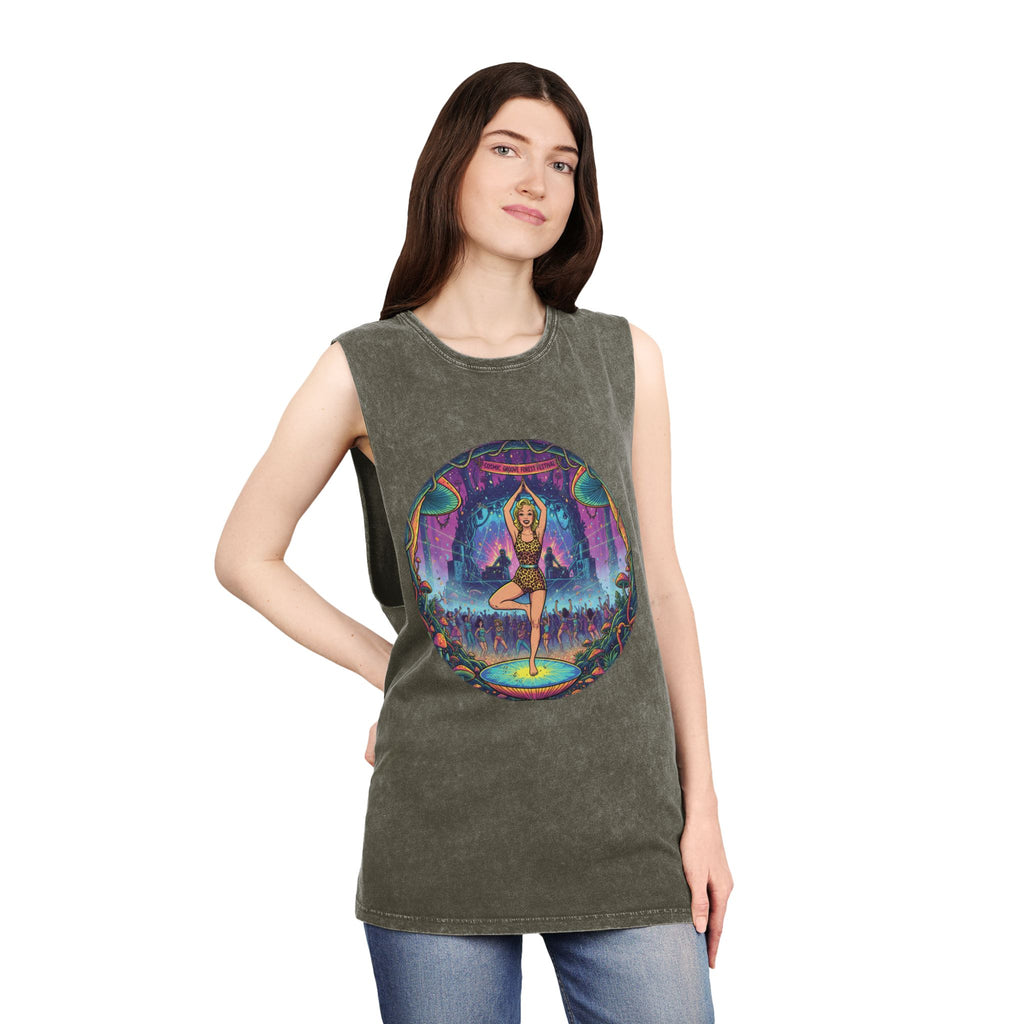 Cosmic Groove Forest Festival Pinup Tank Top - Vintage Psychedelic Mushroom Stonewashed Rave Gear