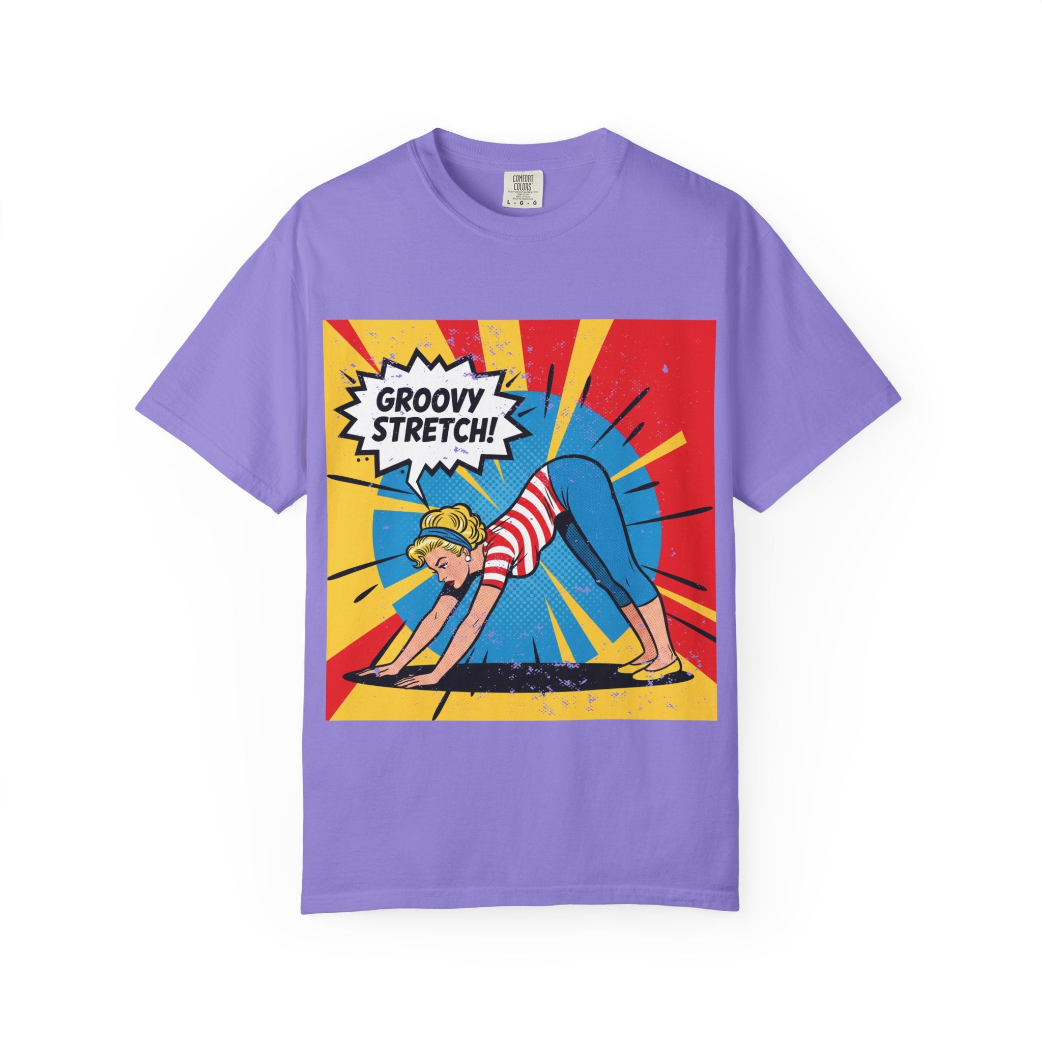 Retro Pop Art Yoga T-Shirt – Vintage Pinup Girl "Groovy Stretch" Graphic Tee