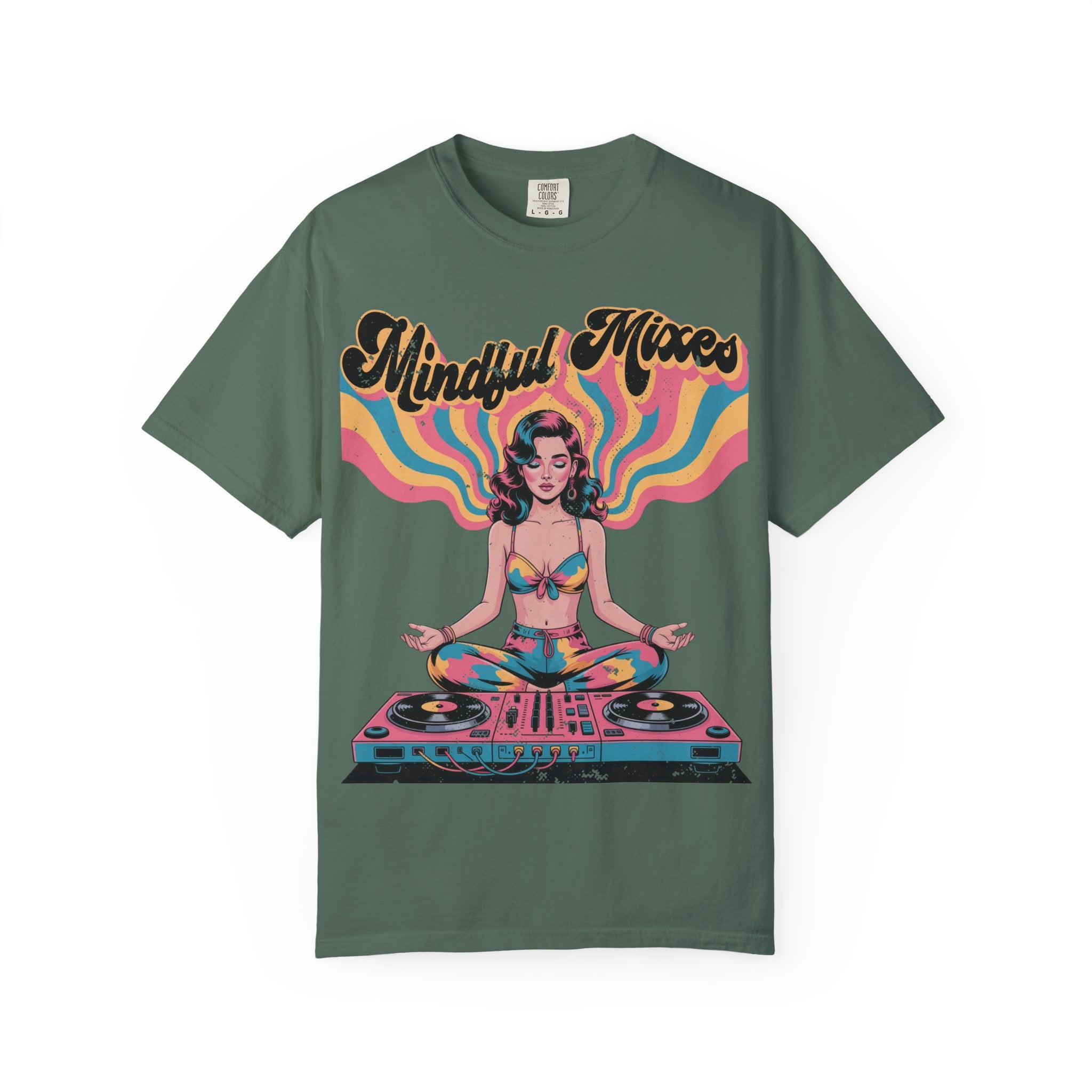 Mindful Mixes Retro DJ T-Shirt – Psychedelic Pinup Meditating Graphic Tee