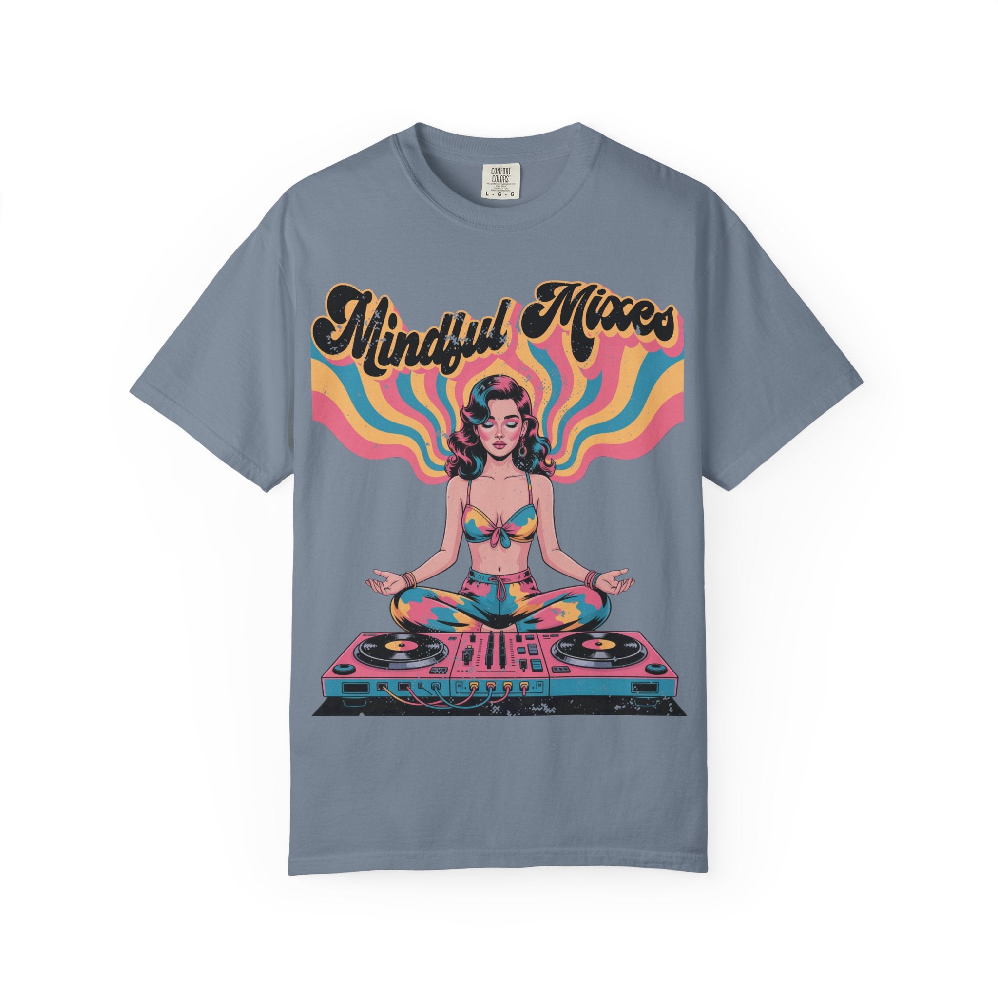 Mindful Mixes Retro DJ T-Shirt – Psychedelic Pinup Meditating Graphic Tee