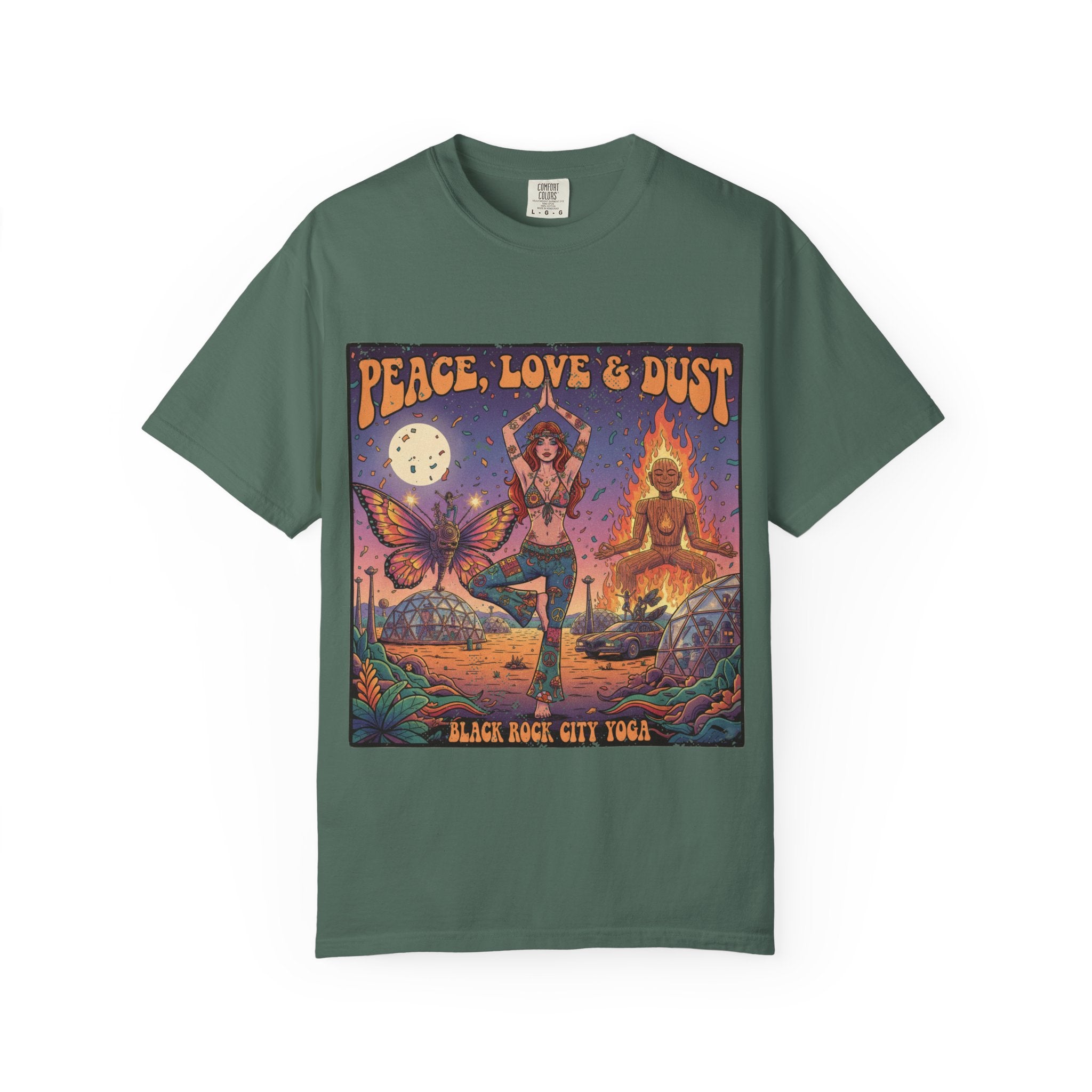Peace Love & Dust Black Rock City Yoga T-Shirt - Vintage Festival Pinup Graphic Tee